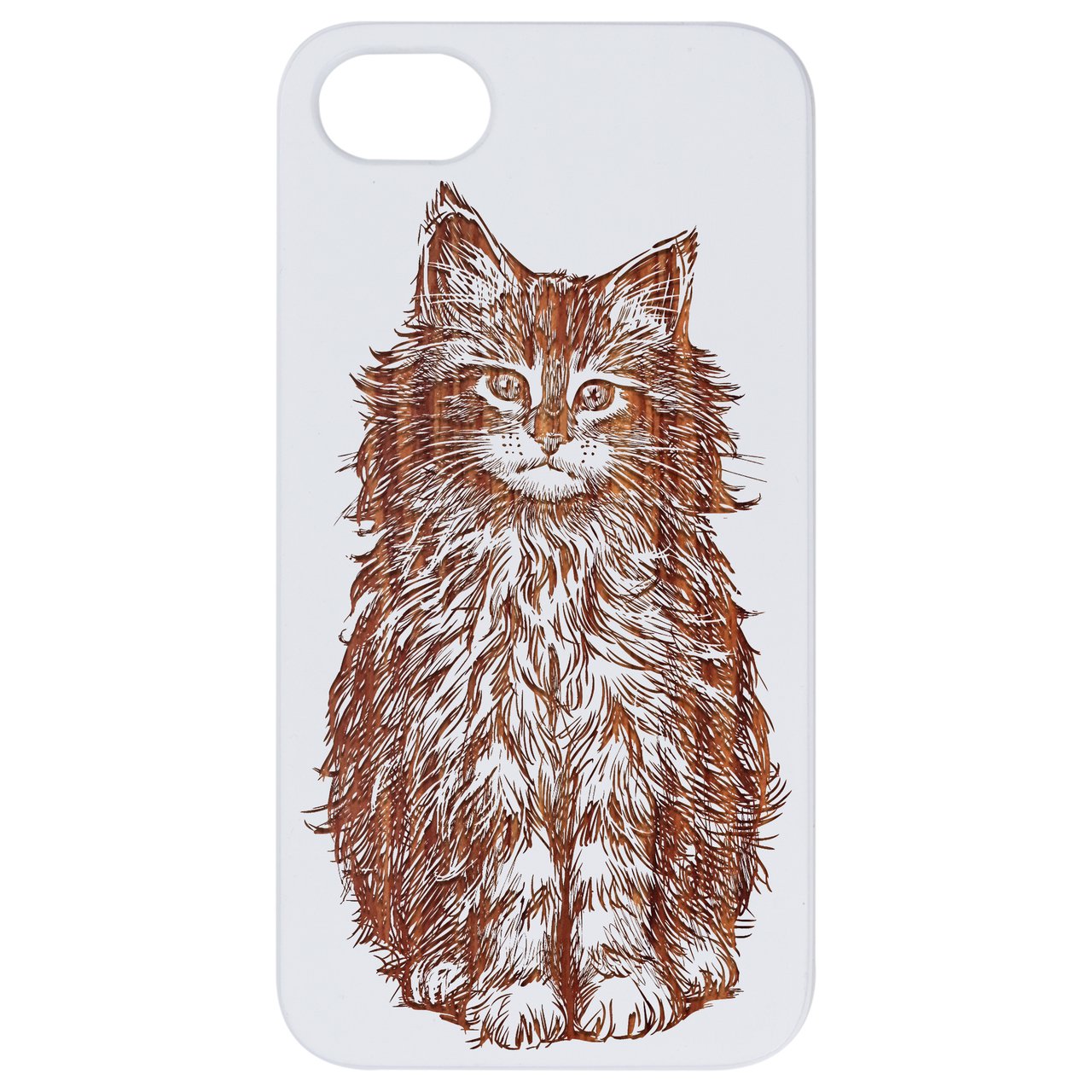 Fluffy Cat Engraved wooden phone case showcasing unique design and durable construction.