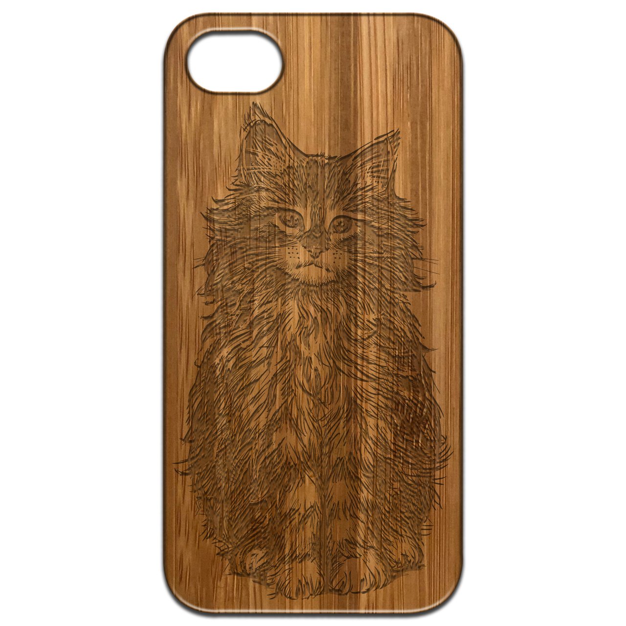 Fluffy Cat Engraved wooden phone case showcasing unique design and durable construction.