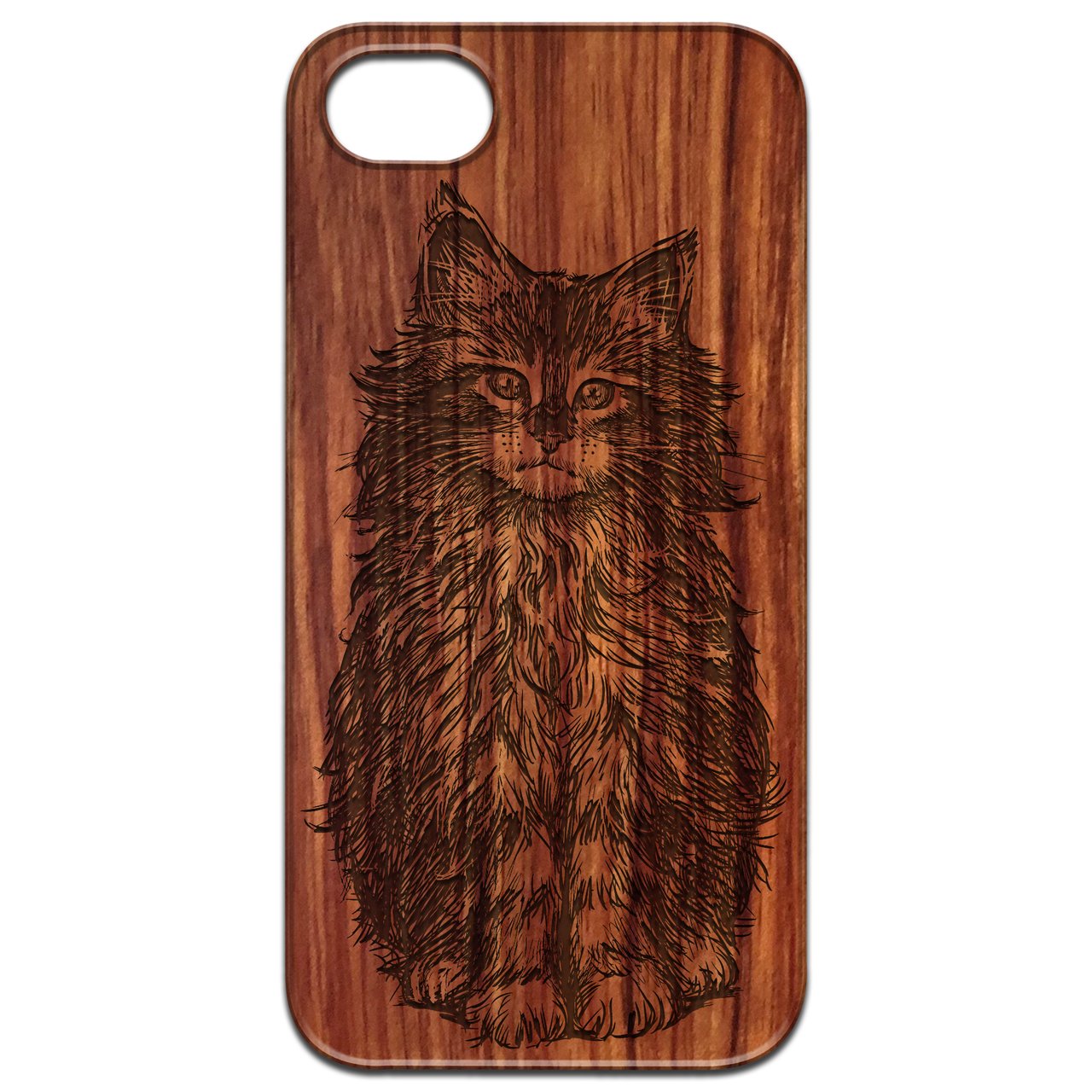 Fluffy Cat Engraved wooden phone case showcasing unique design and durable construction.