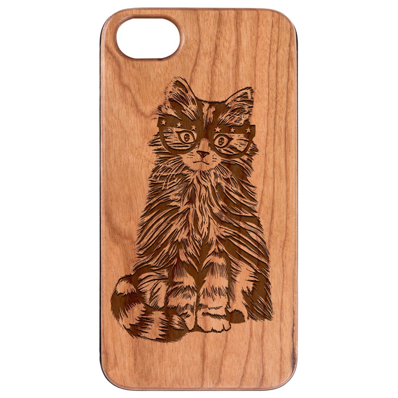 Engraved wooden phone case featuring a Fluffy Cat wearing glasses, showcasing intricate design and natural wood texture.