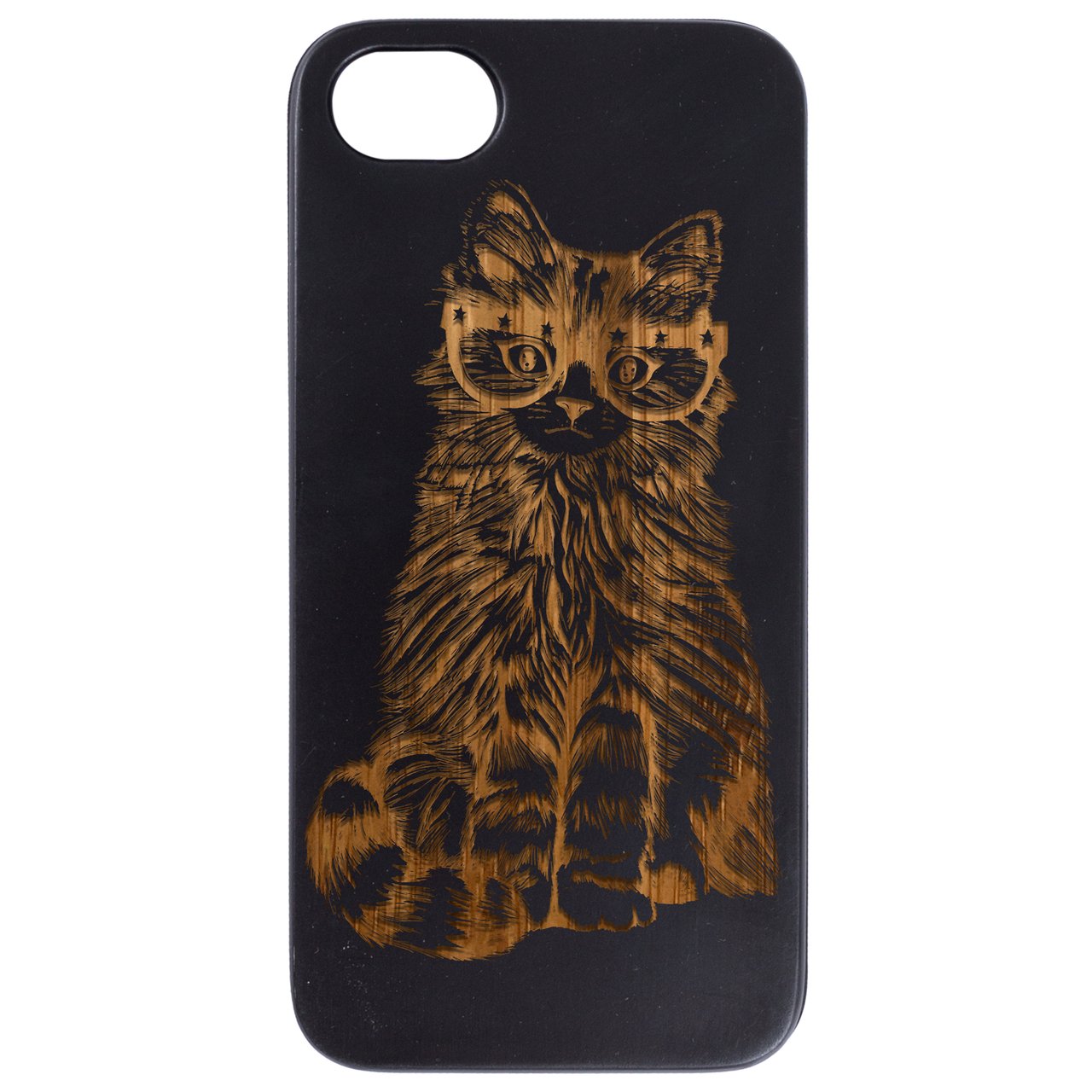 Engraved wooden phone case featuring a Fluffy Cat wearing glasses, showcasing intricate design and natural wood texture.