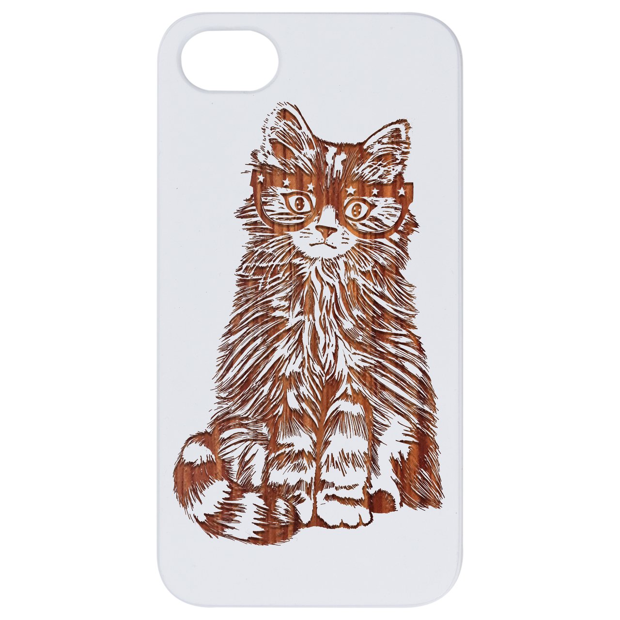 Engraved wooden phone case featuring a Fluffy Cat wearing glasses, showcasing intricate design and natural wood texture.