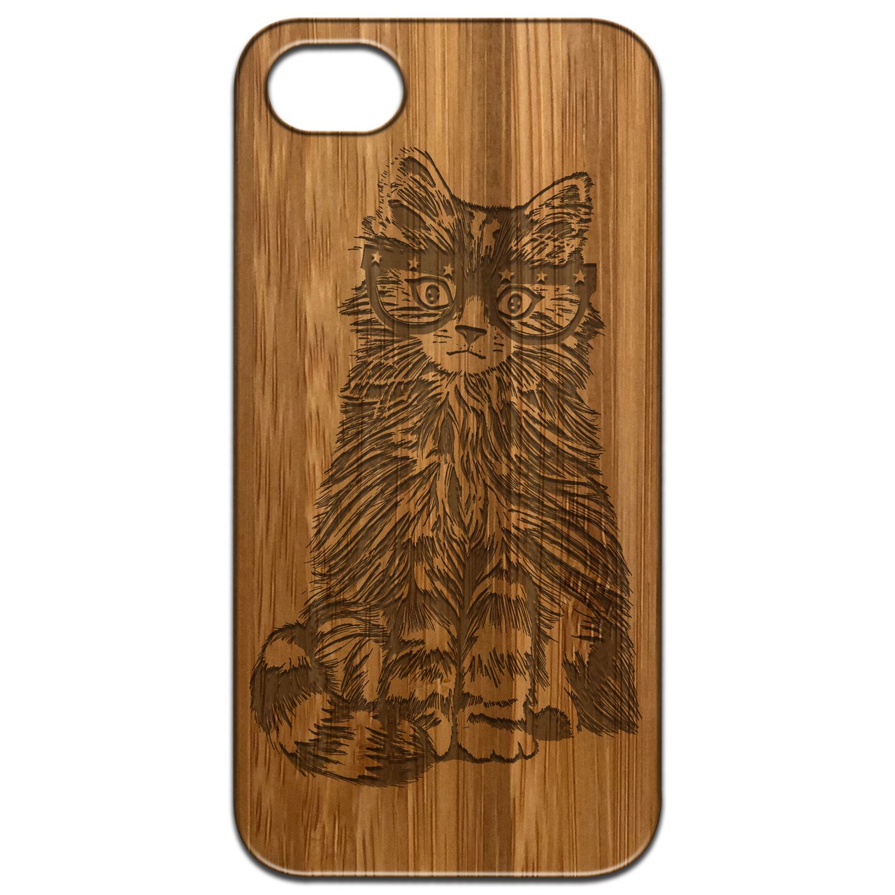 Engraved wooden phone case featuring a Fluffy Cat wearing glasses, showcasing intricate design and natural wood texture.