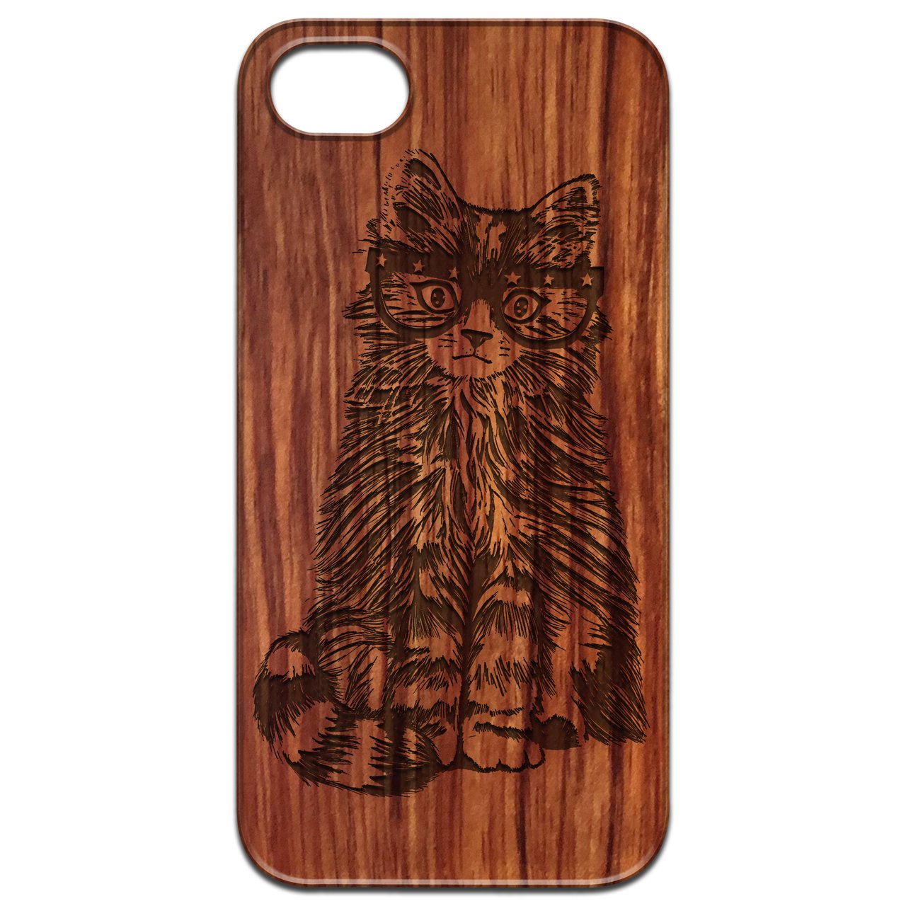 Engraved wooden phone case featuring a Fluffy Cat wearing glasses, showcasing intricate design and natural wood texture.