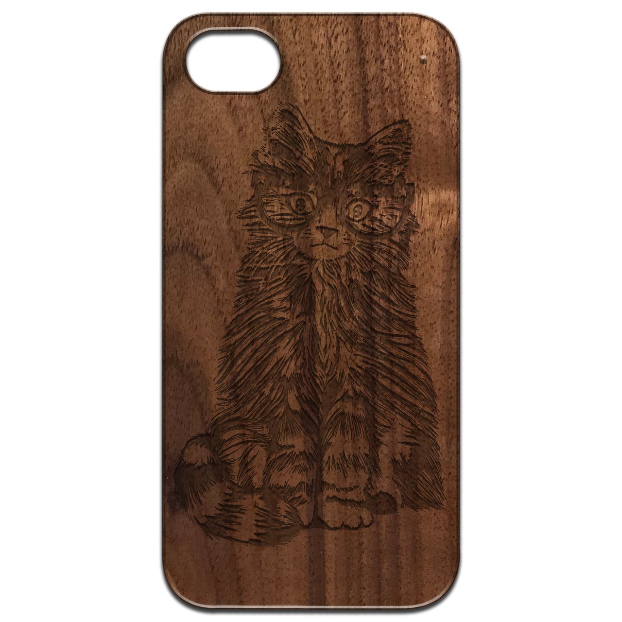 Engraved wooden phone case featuring a Fluffy Cat wearing glasses, showcasing intricate design and natural wood texture.