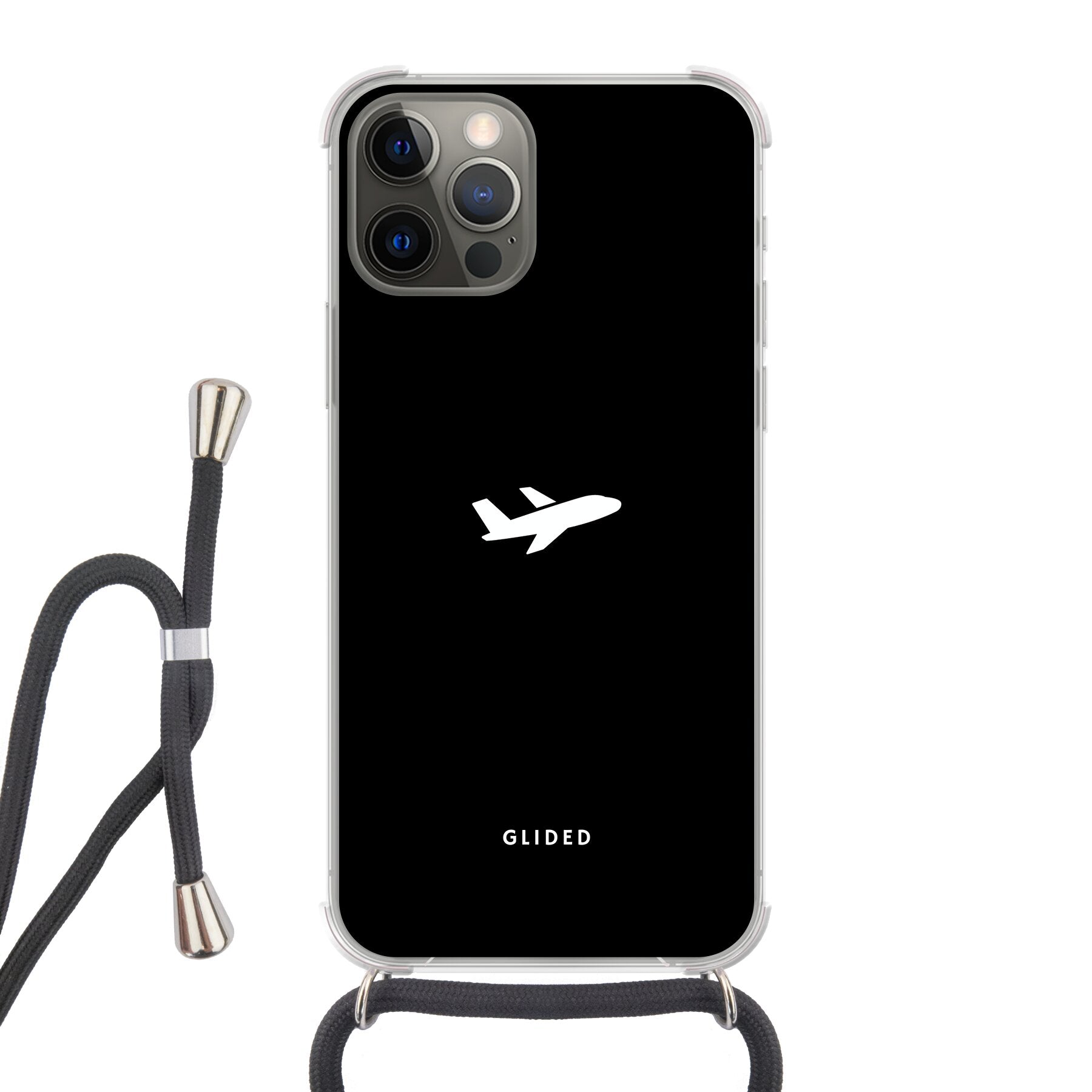 Die 'Fly Away' iPhone 12 Handyhülle mit einem detailreichen Flugzeugdesign auf einem mystischen schwarzen Hintergrund.