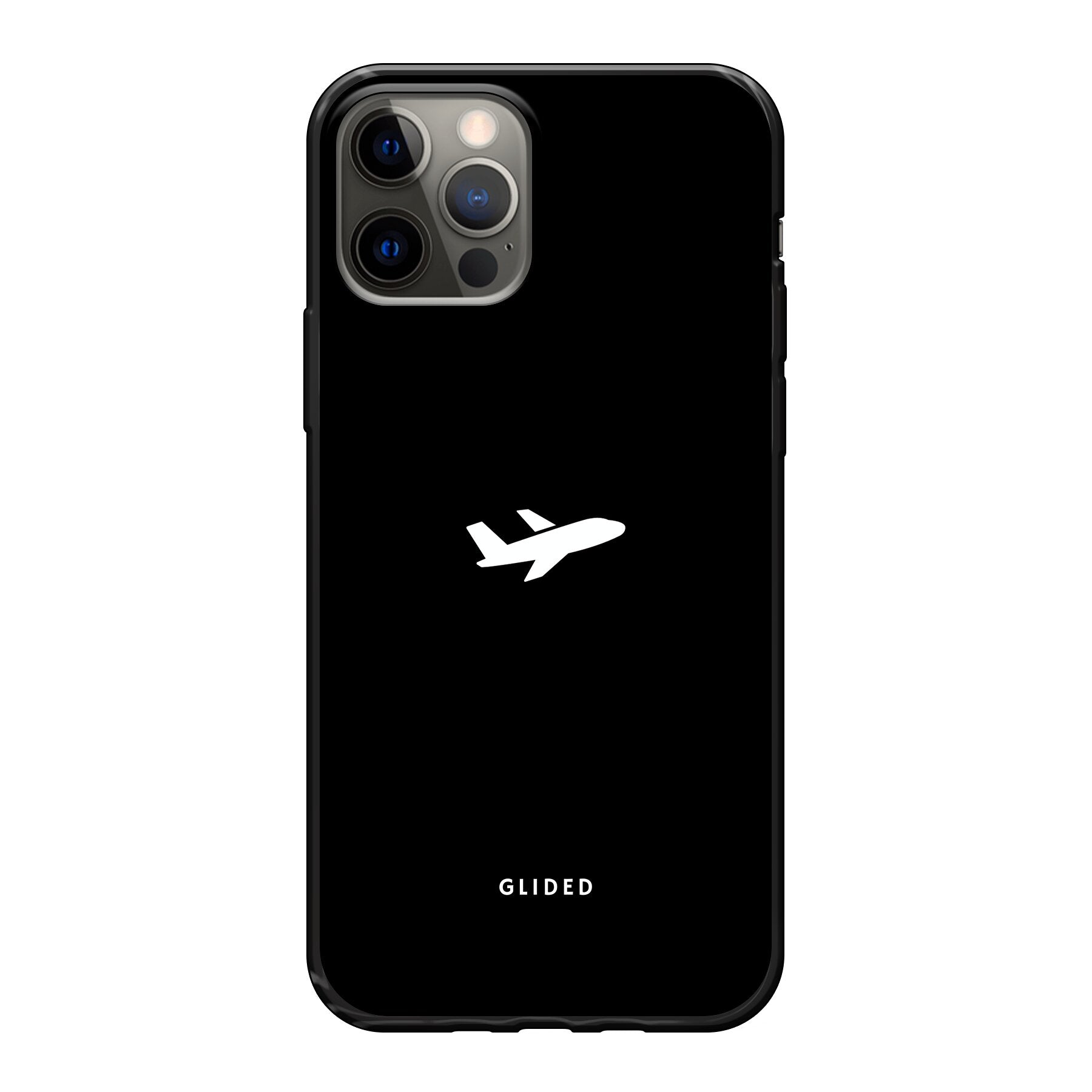 Die 'Fly Away' iPhone 12 Handyhülle mit einem detailreichen Flugzeugdesign auf einem mystischen schwarzen Hintergrund.