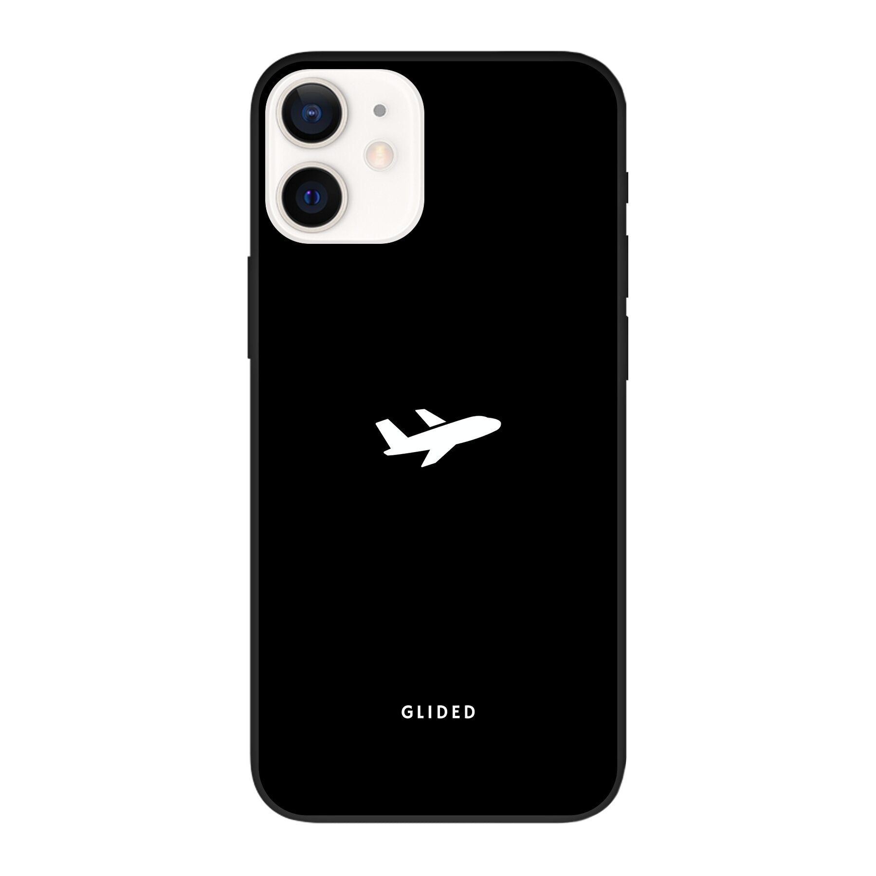 Die 'Fly Away' iPhone 12 Handyhülle mit einem detailreichen Flugzeugdesign auf einem mystischen schwarzen Hintergrund.