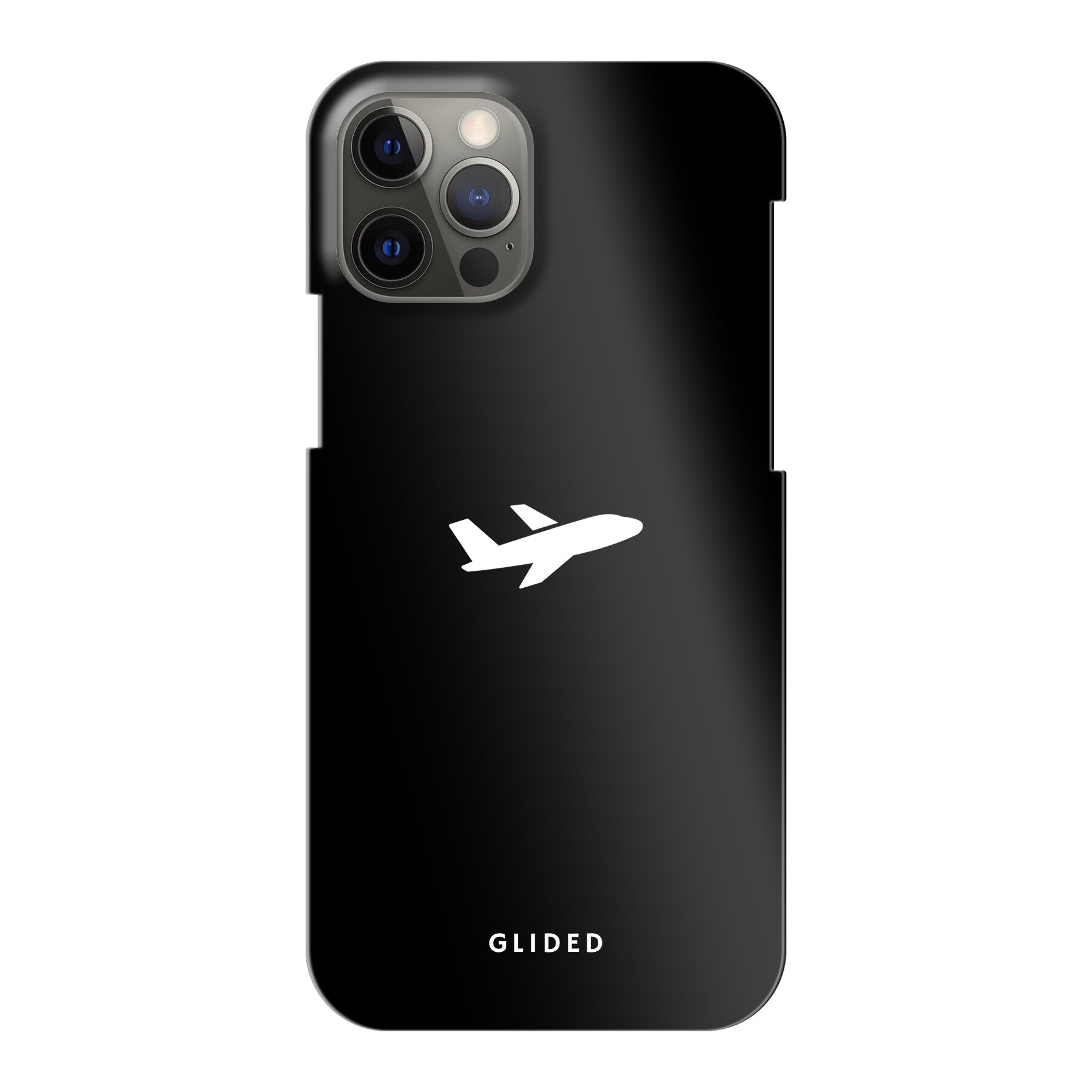 Die 'Fly Away' iPhone 12 Handyhülle mit einem detailreichen Flugzeugdesign auf einem mystischen schwarzen Hintergrund.