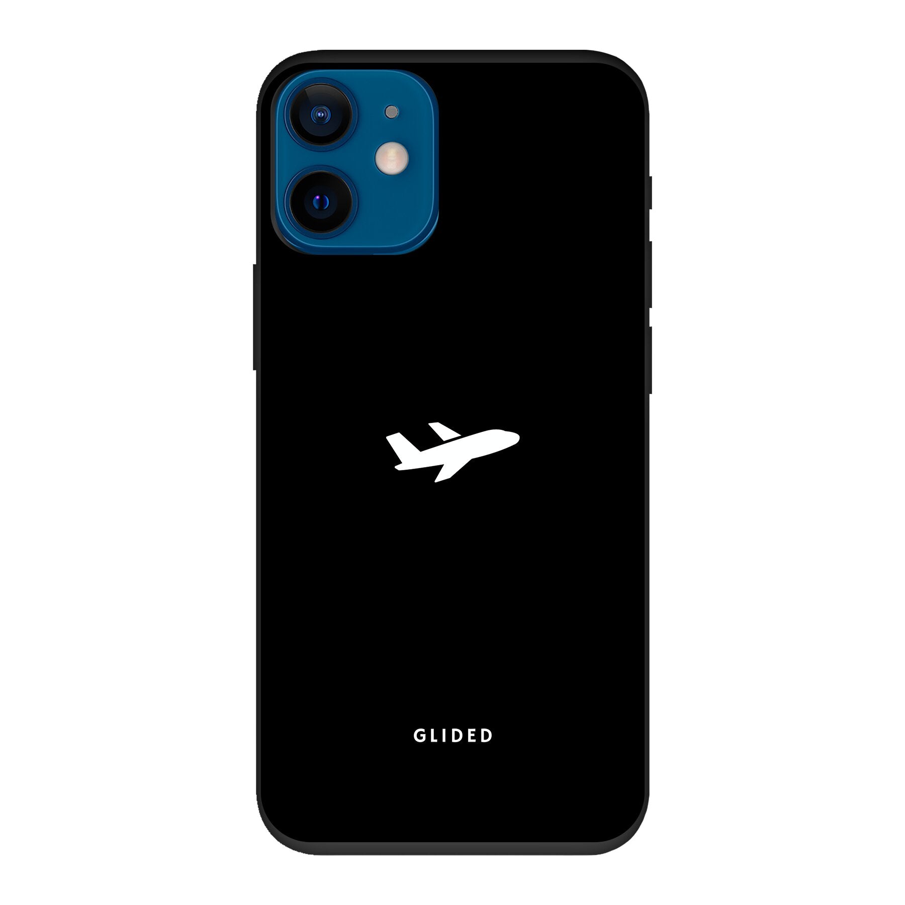 Die 'Fly Away' iPhone 12 mini Handyhülle mit einem detailreichen Flugzeugdesign auf einem mystischen schwarzen Hintergrund.