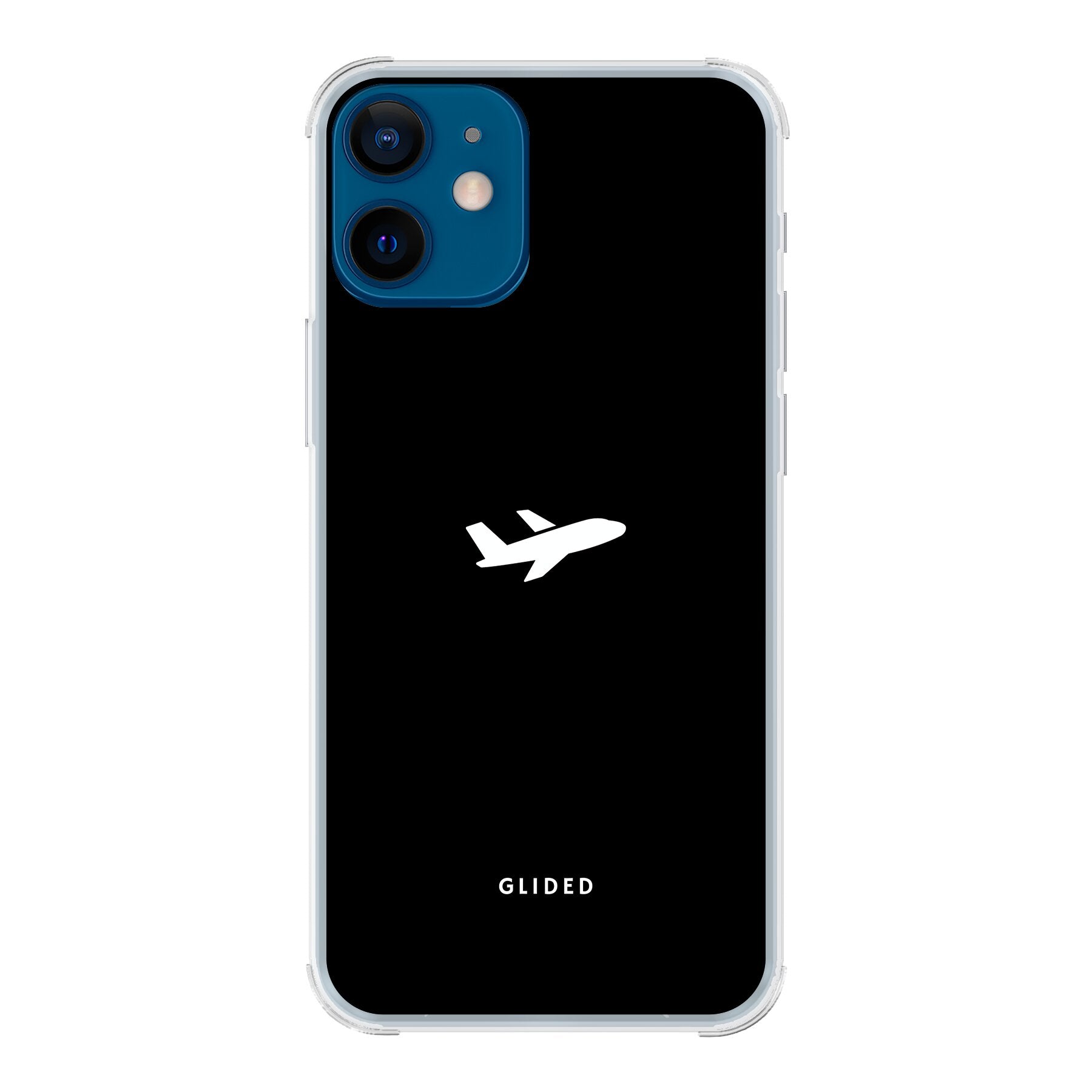 Die 'Fly Away' iPhone 12 mini Handyhülle mit einem detailreichen Flugzeugdesign auf einem mystischen schwarzen Hintergrund.