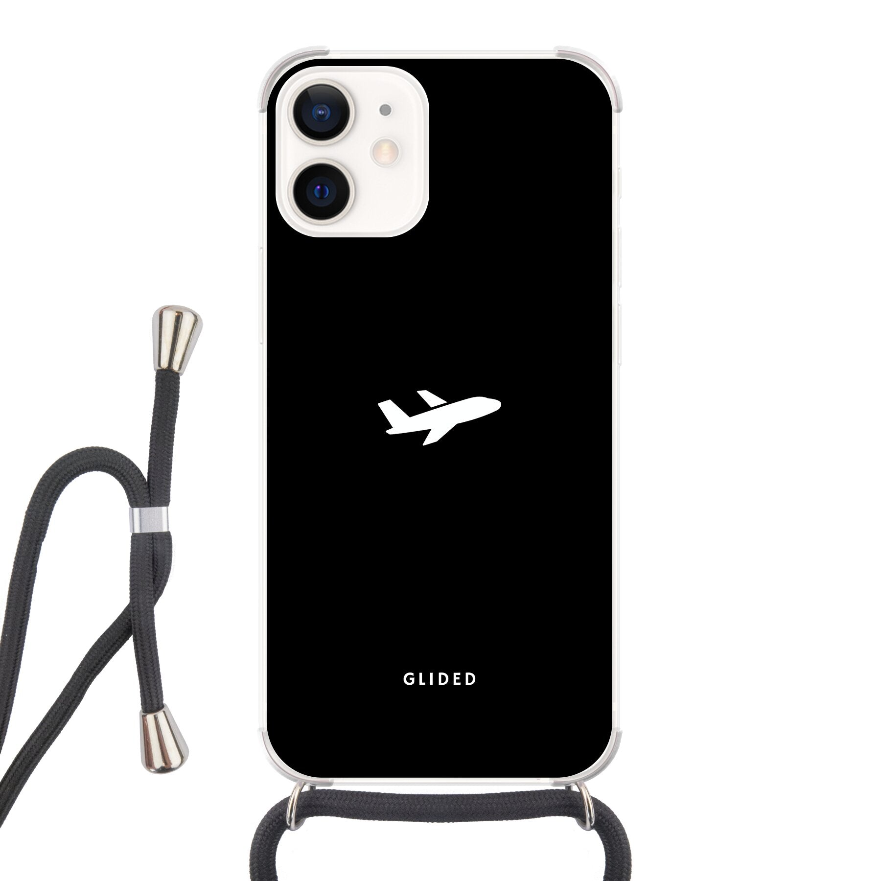 Die 'Fly Away' iPhone 12 mini Handyhülle mit einem detailreichen Flugzeugdesign auf einem mystischen schwarzen Hintergrund.