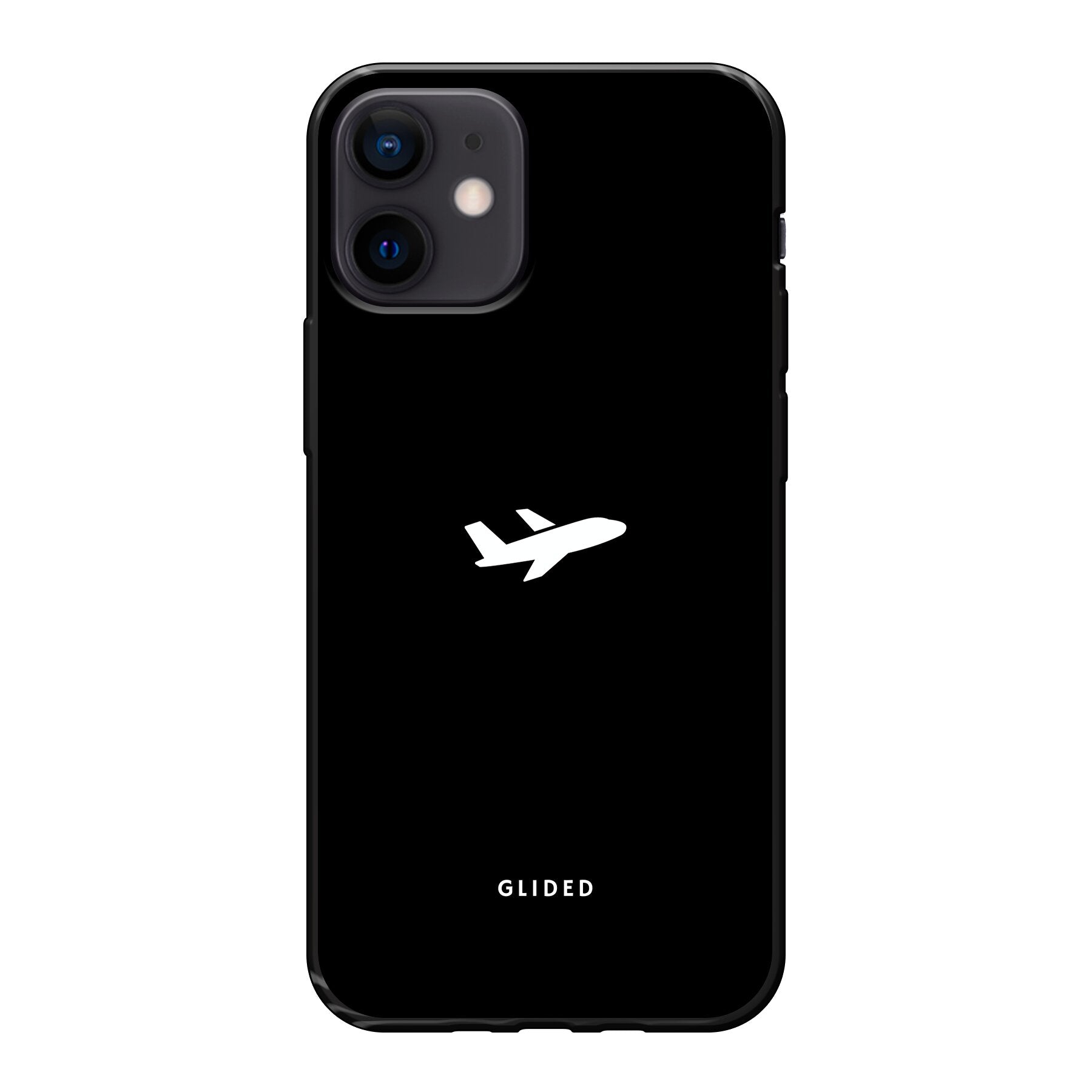 Die 'Fly Away' iPhone 12 mini Handyhülle mit einem detailreichen Flugzeugdesign auf einem mystischen schwarzen Hintergrund.