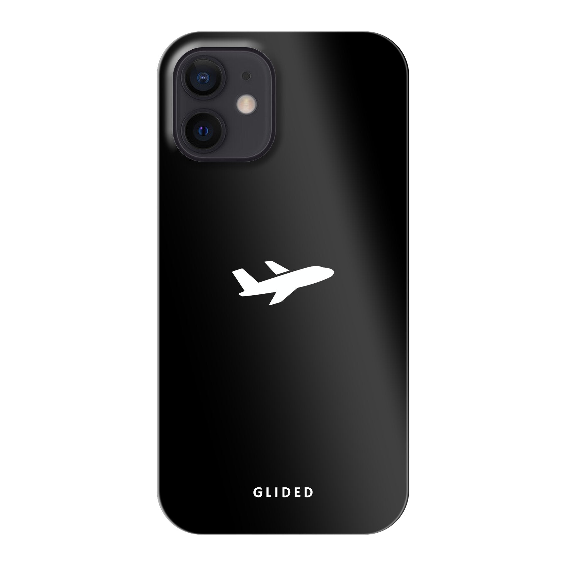 Die 'Fly Away' iPhone 12 mini Handyhülle mit einem detailreichen Flugzeugdesign auf einem mystischen schwarzen Hintergrund.