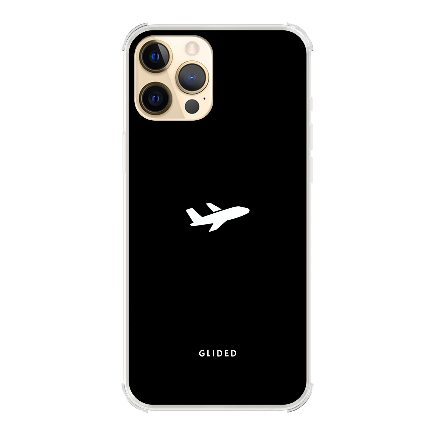 Die 'Fly Away' iPhone 12 Pro Max Handyhülle mit einem detailreichen Flugzeugdesign auf einem mystischen schwarzen Hintergrund.