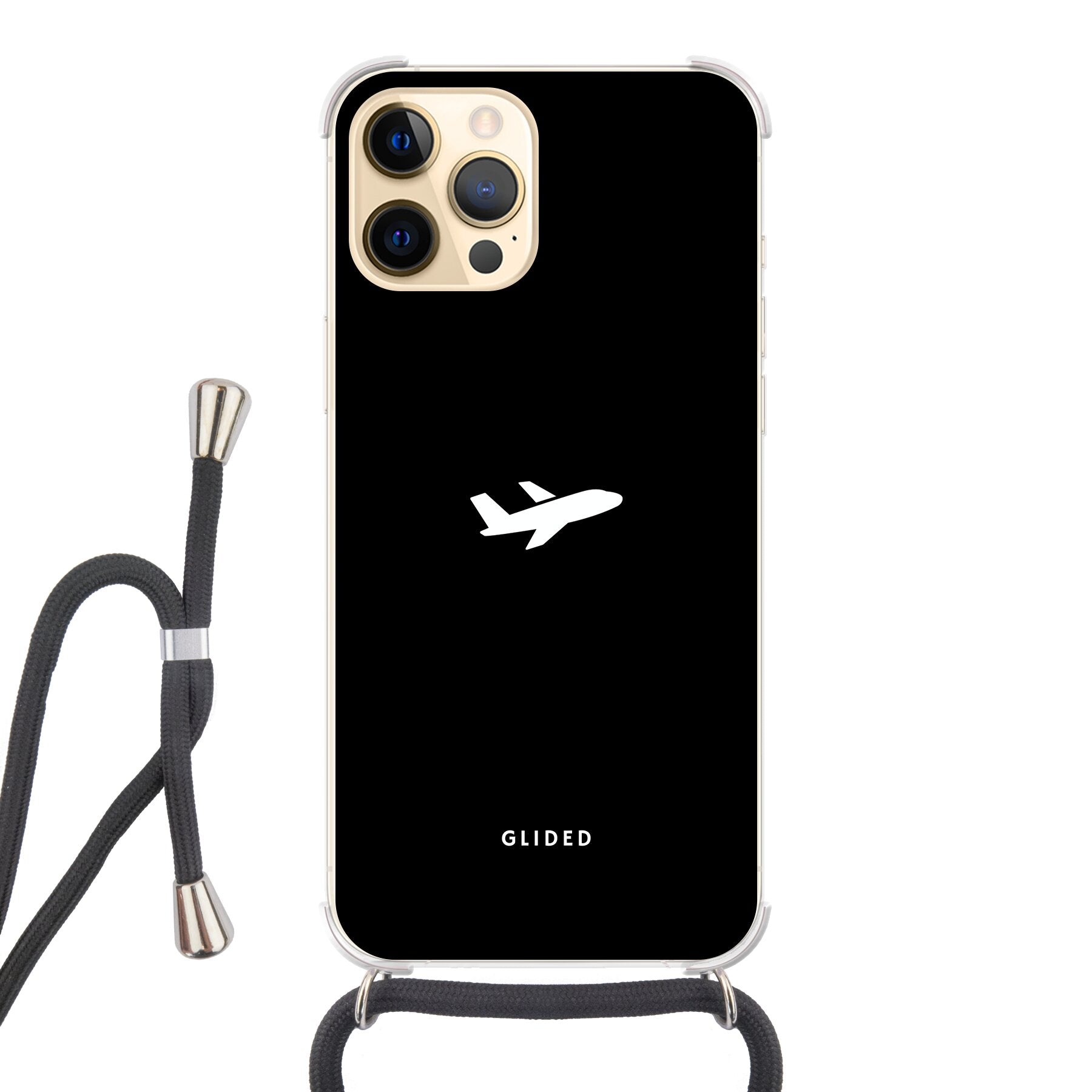 Die 'Fly Away' iPhone 12 Pro Max Handyhülle mit einem detailreichen Flugzeugdesign auf einem mystischen schwarzen Hintergrund.