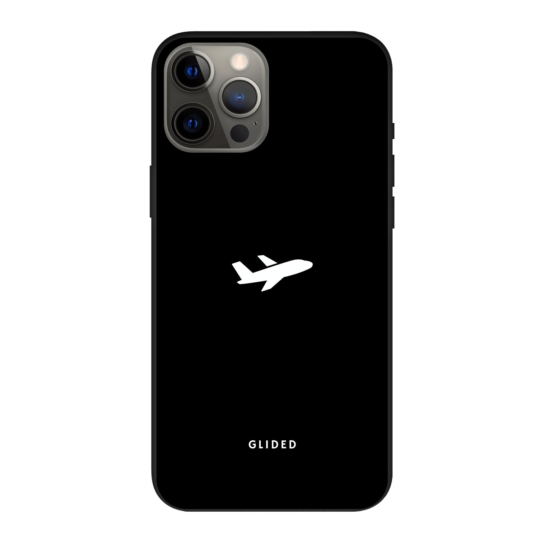 Die 'Fly Away' iPhone 12 Pro Max Handyhülle mit einem detailreichen Flugzeugdesign auf einem mystischen schwarzen Hintergrund.