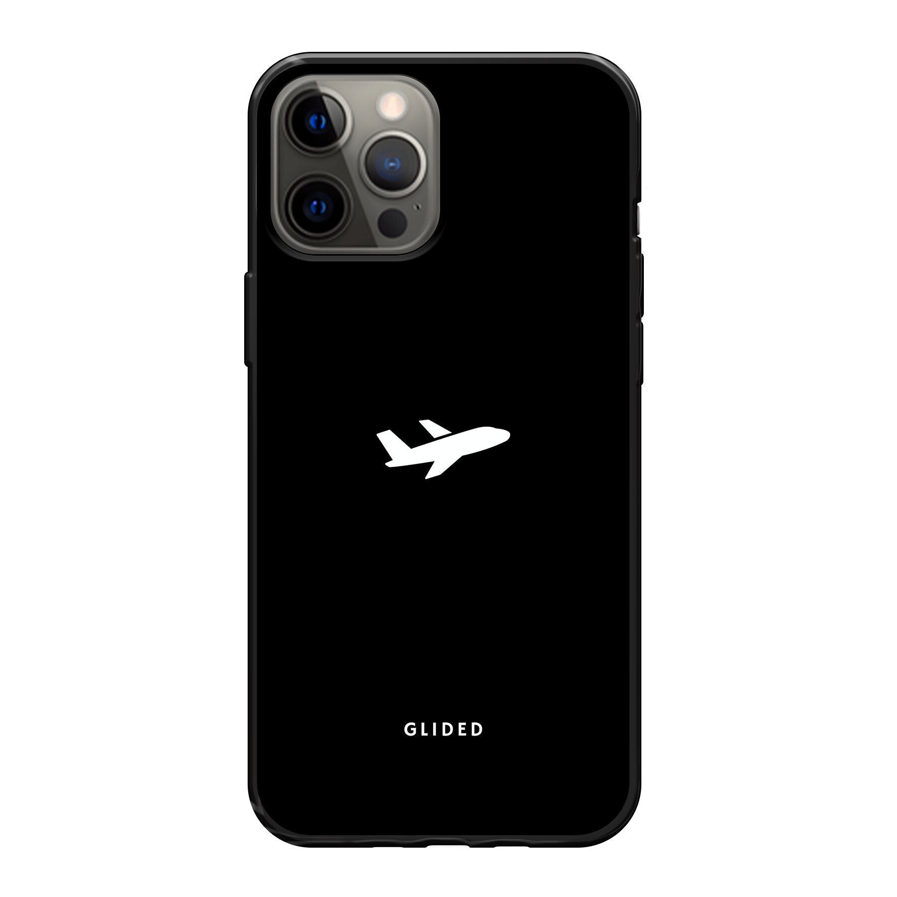 Die 'Fly Away' iPhone 12 Pro Max Handyhülle mit einem detailreichen Flugzeugdesign auf einem mystischen schwarzen Hintergrund.