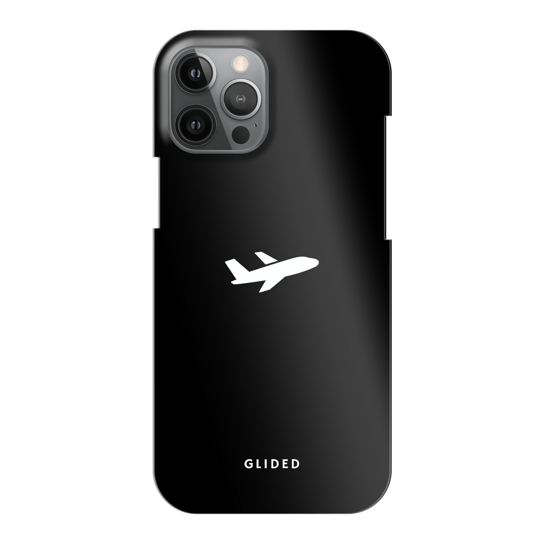 Die 'Fly Away' iPhone 12 Pro Max Handyhülle mit einem detailreichen Flugzeugdesign auf einem mystischen schwarzen Hintergrund.