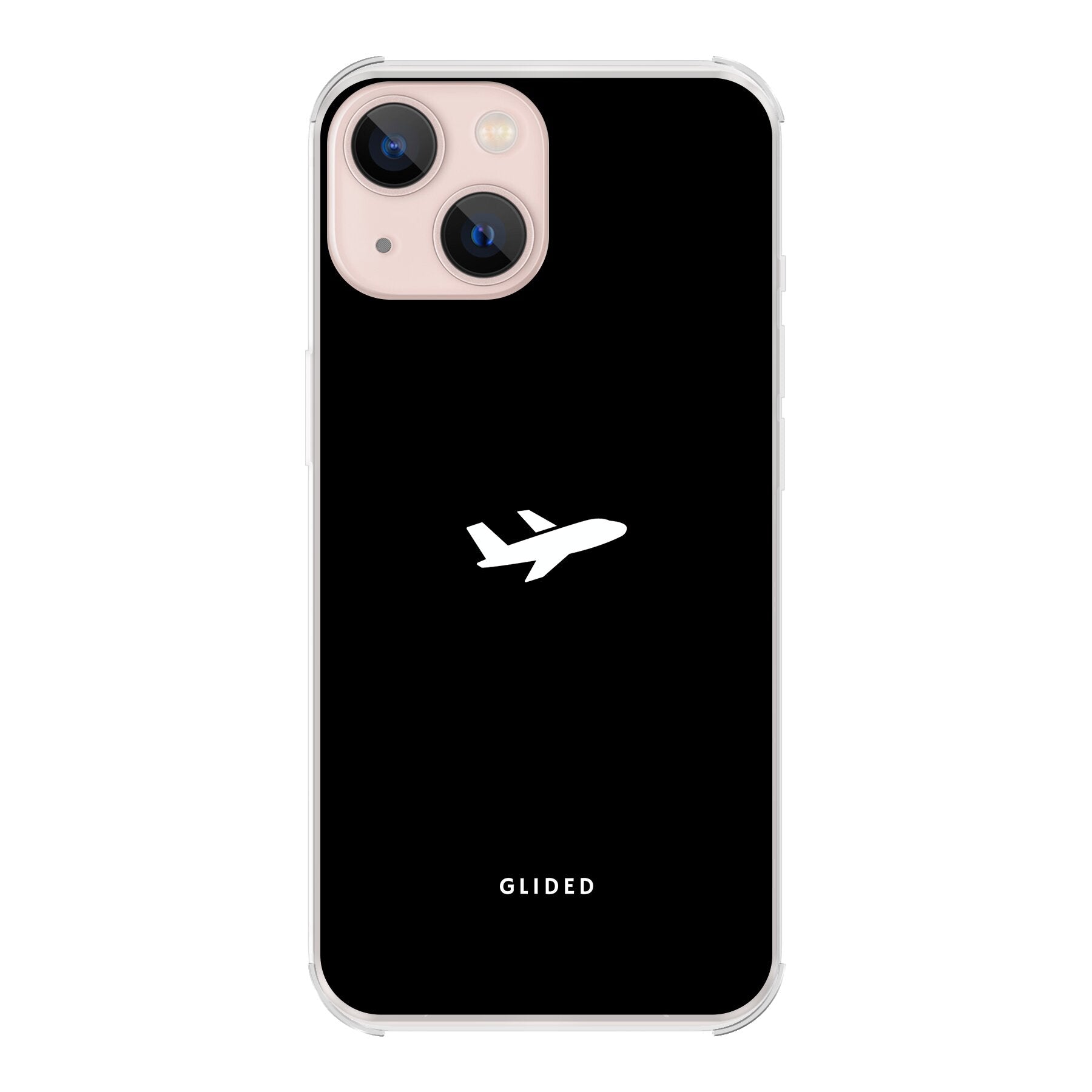 Die 'Fly Away' iPhone 13 Handyhülle mit einem detailreichen Flugzeugdesign auf einem mystischen schwarzen Hintergrund.