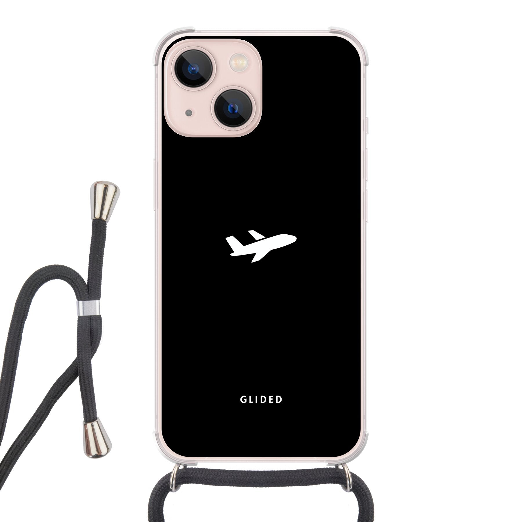 Die 'Fly Away' iPhone 13 Handyhülle mit einem detailreichen Flugzeugdesign auf einem mystischen schwarzen Hintergrund.