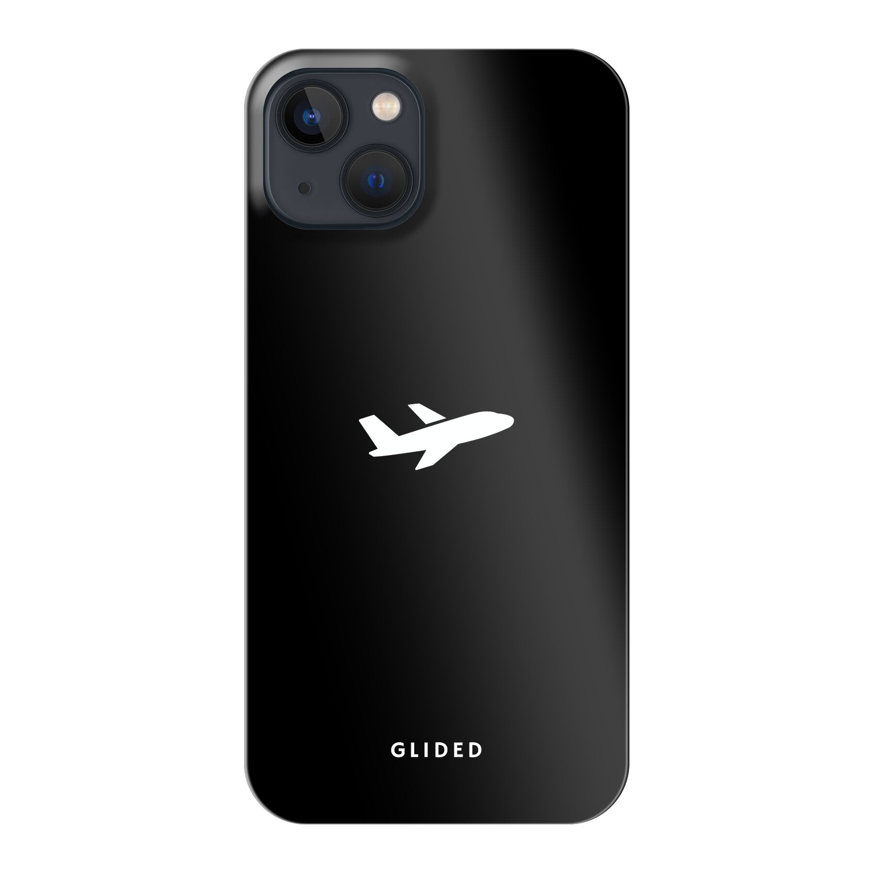 Die 'Fly Away' iPhone 13 Handyhülle mit einem detailreichen Flugzeugdesign auf einem mystischen schwarzen Hintergrund.