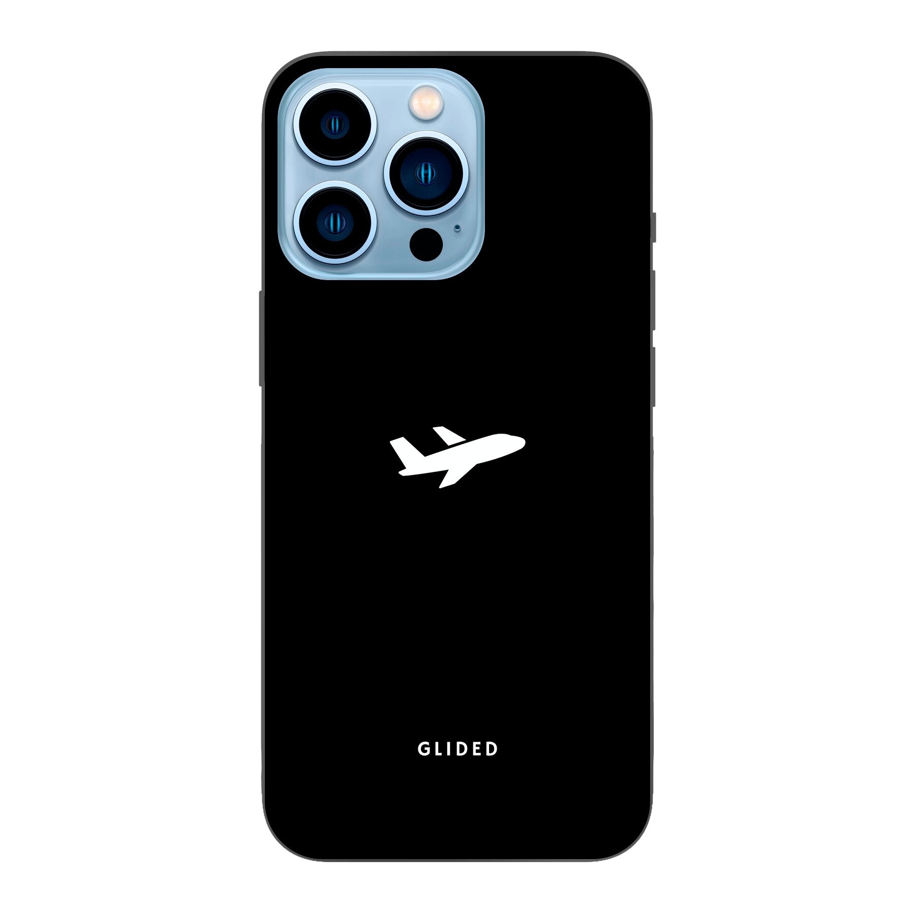 Die 'Fly Away' iPhone 13 Pro Handyhülle mit einem detailreichen Flugzeugdesign auf einem mystischen schwarzen Hintergrund.