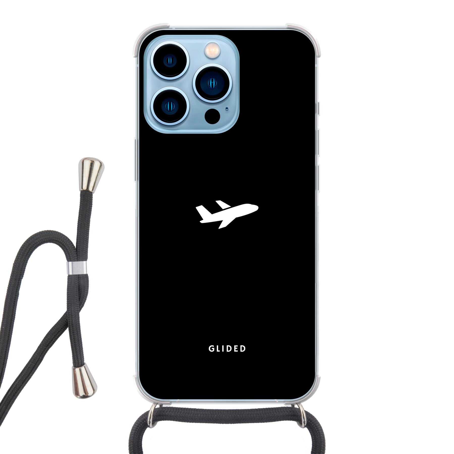 Die 'Fly Away' iPhone 13 Pro Handyhülle mit einem detailreichen Flugzeugdesign auf einem mystischen schwarzen Hintergrund.