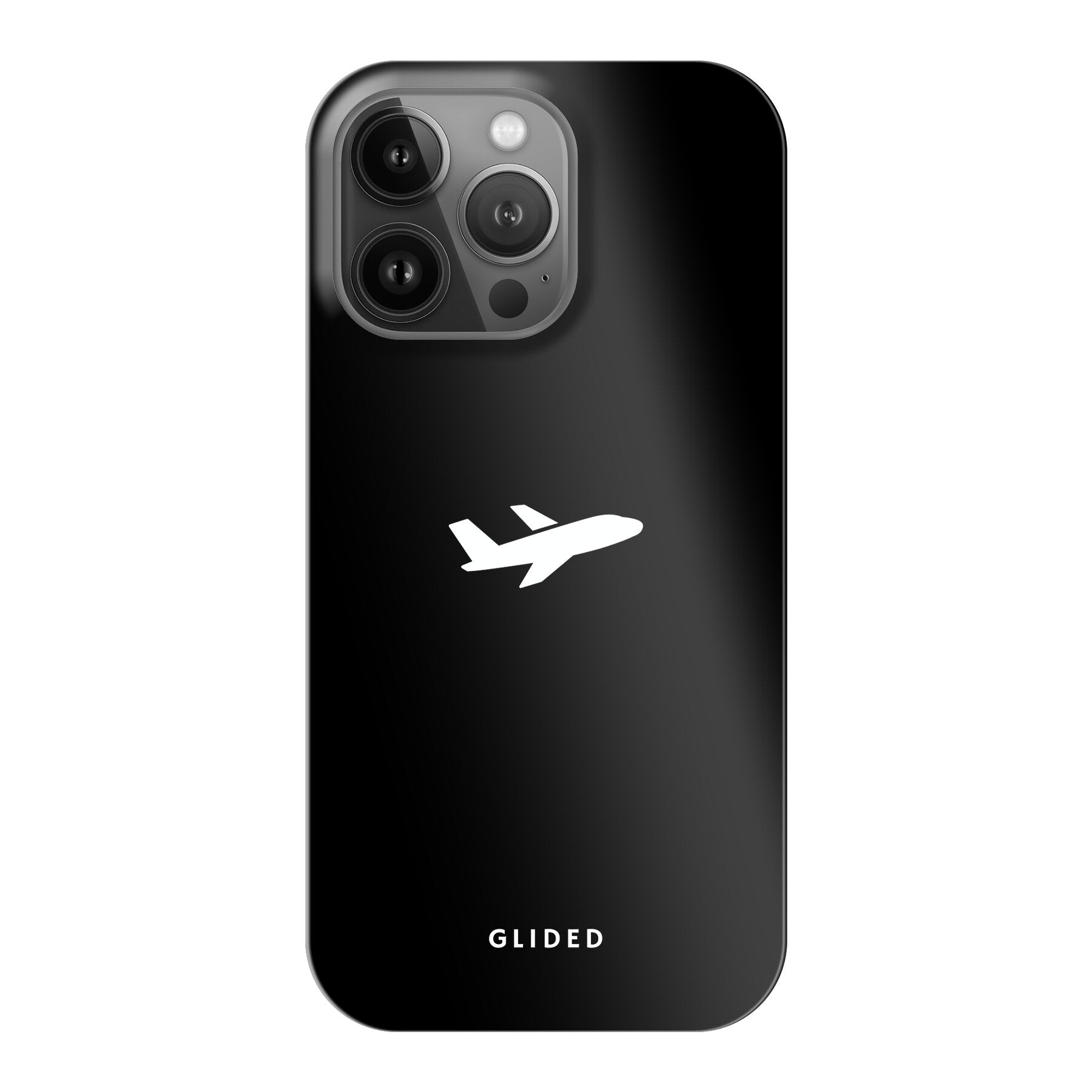 Die 'Fly Away' iPhone 13 Pro Handyhülle mit einem detailreichen Flugzeugdesign auf einem mystischen schwarzen Hintergrund.