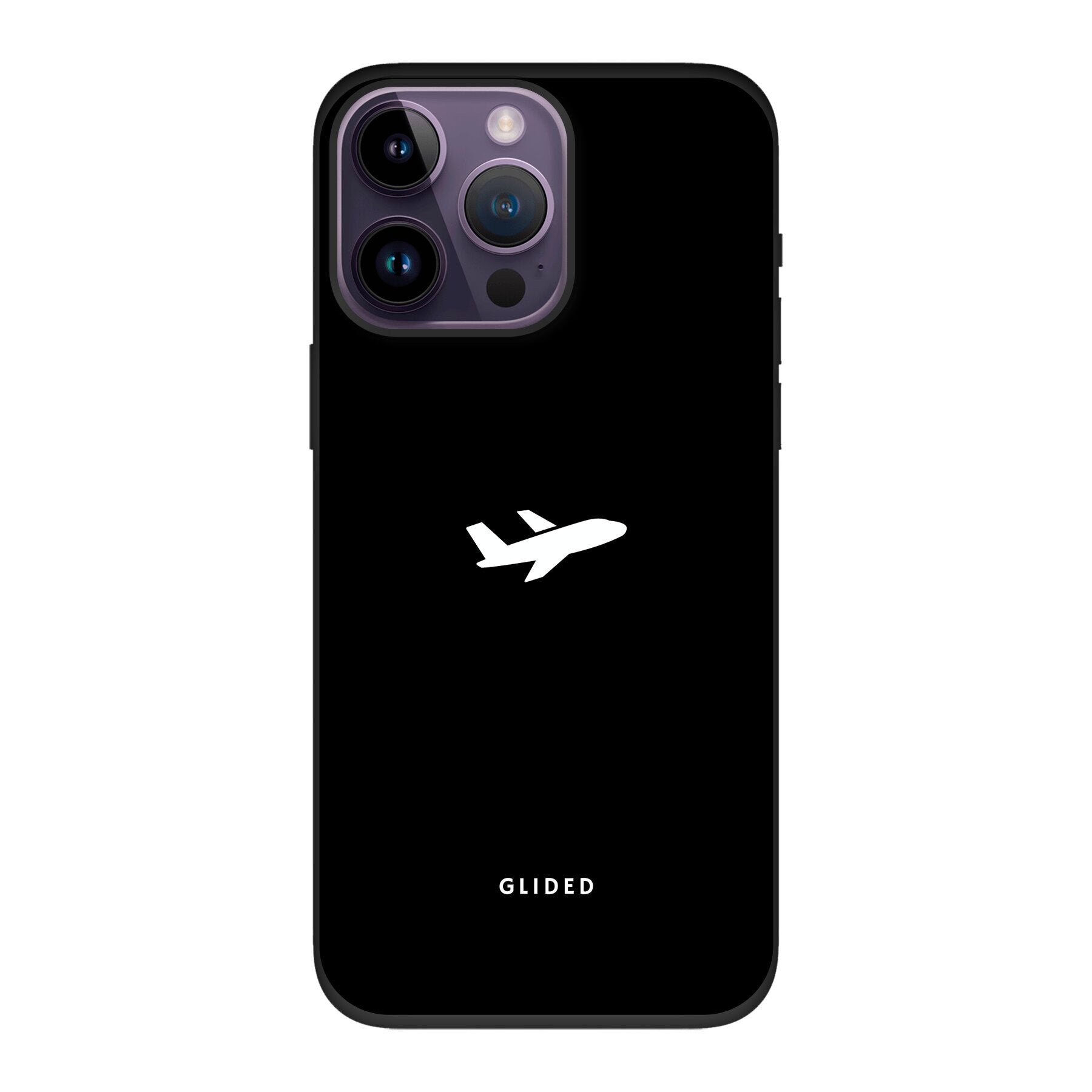 Die 'Fly Away' iPhone 14 Pro Max Handyhülle mit einem detailreichen Flugzeugdesign auf einem mystischen schwarzen Hintergrund.