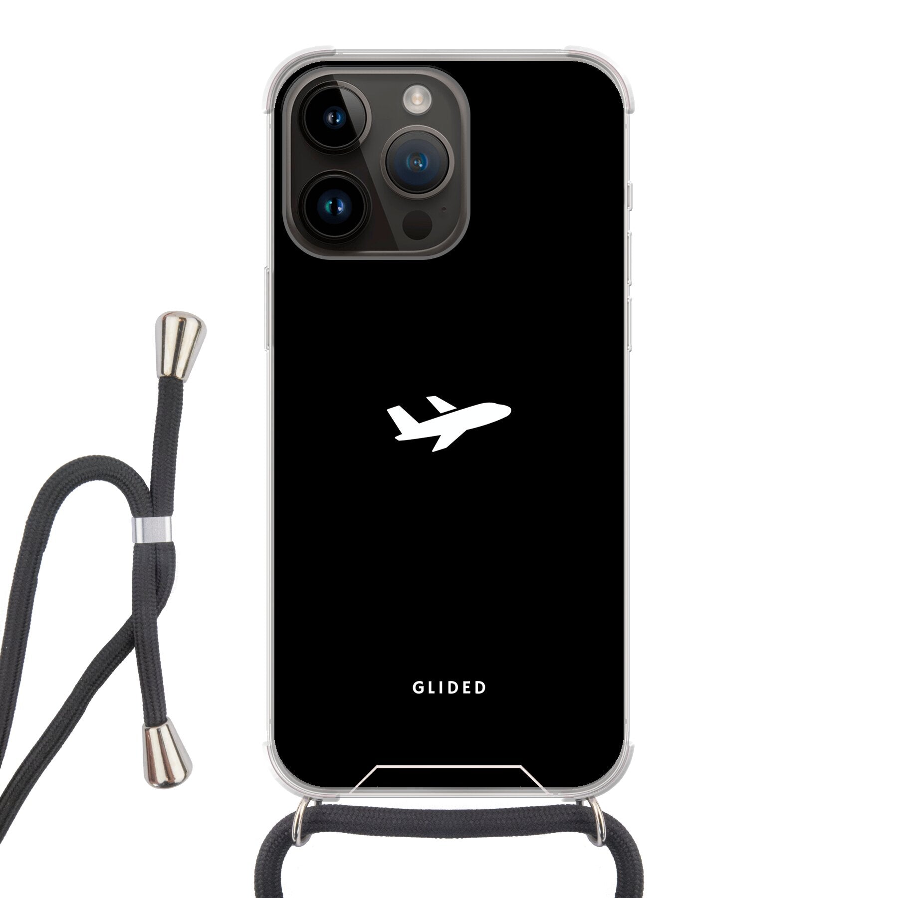 Die 'Fly Away' iPhone 14 Pro Max Handyhülle mit einem detailreichen Flugzeugdesign auf einem mystischen schwarzen Hintergrund.