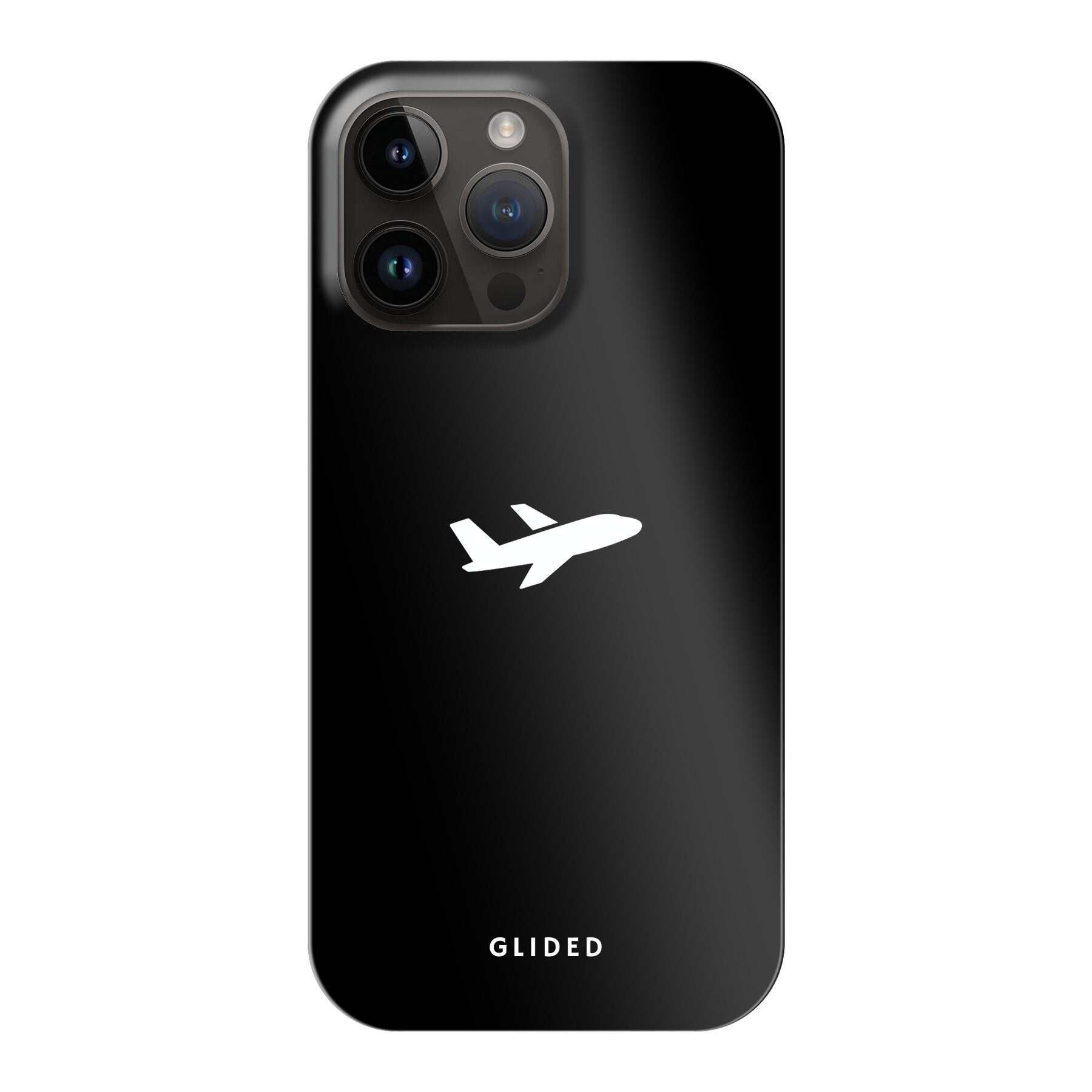 Die 'Fly Away' iPhone 14 Pro Max Handyhülle mit einem detailreichen Flugzeugdesign auf einem mystischen schwarzen Hintergrund.