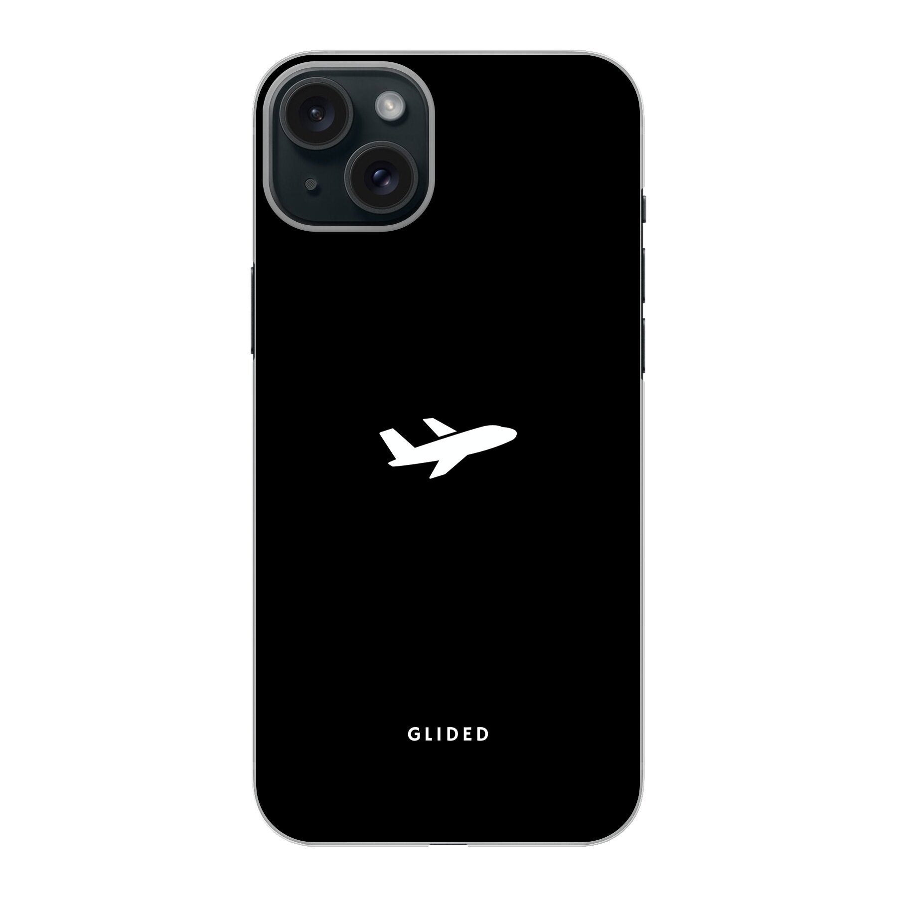 Die 'Fly Away' iPhone 15 Plus Hülle mit einem detailreichen Flugzeugdesign auf schwarzem Hintergrund, ideal für stilvollen Schutz.