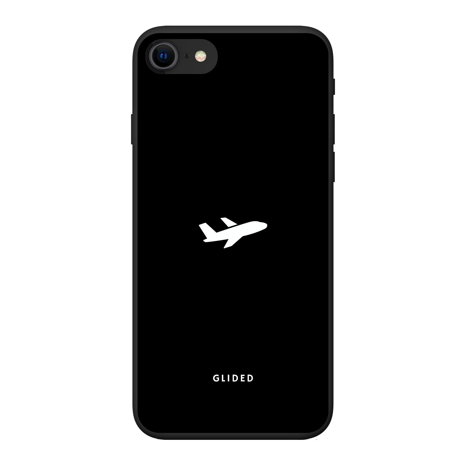 Die 'Fly Away' iPhone 7 Handyhülle mit einem detailreichen Flugzeugdesign auf einem schwarzen Hintergrund, ideal für Reisefans.