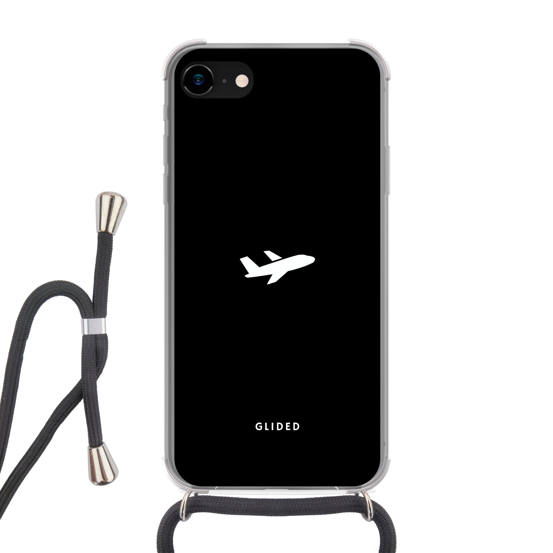 Die 'Fly Away' iPhone 7 Handyhülle mit einem detailreichen Flugzeugdesign auf einem schwarzen Hintergrund, ideal für Reisefans.