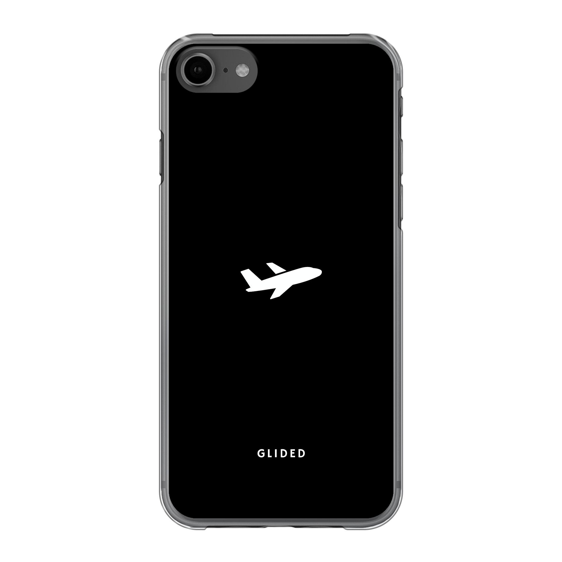 Die 'Fly Away' iPhone 7 Handyhülle mit einem detailreichen Flugzeugdesign auf einem schwarzen Hintergrund, ideal für Reisefans.