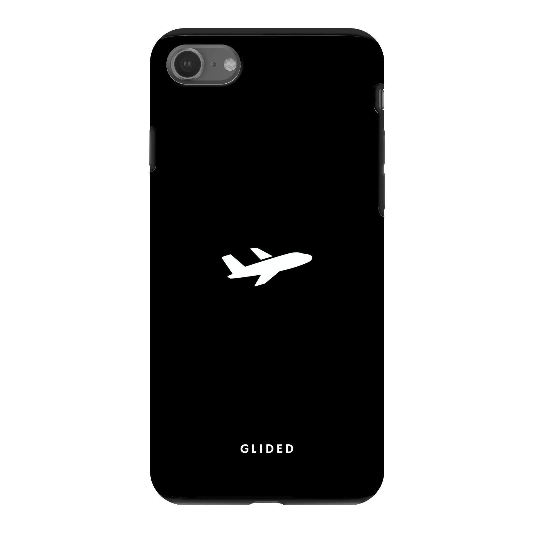 Die 'Fly Away' iPhone 7 Handyhülle mit einem detailreichen Flugzeugdesign auf einem schwarzen Hintergrund, ideal für Reisefans.