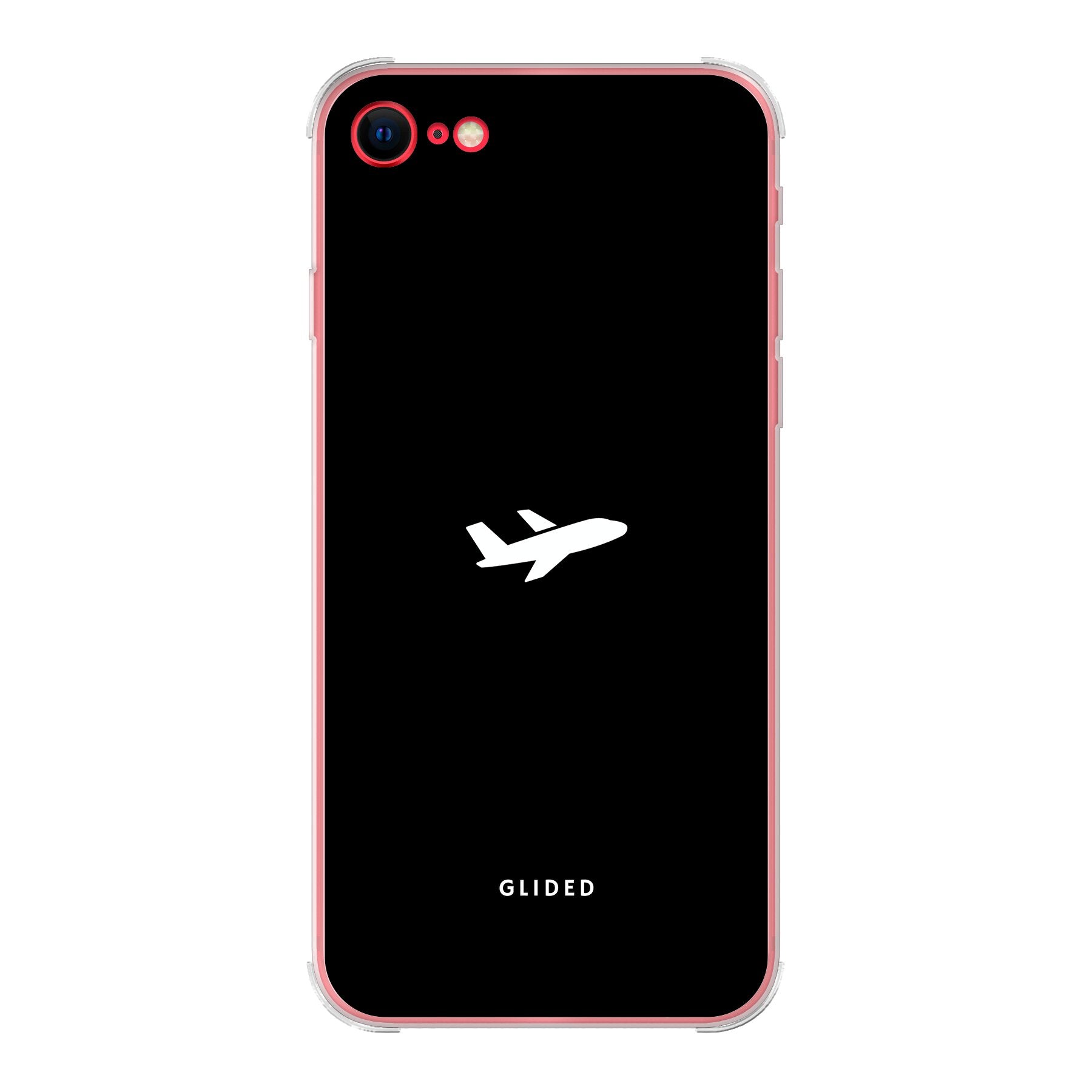 Die 'Fly Away' iPhone SE 2022 Hülle mit einem detailreichen Flugzeugdesign auf schwarzem Hintergrund, ideal für Reisefans.