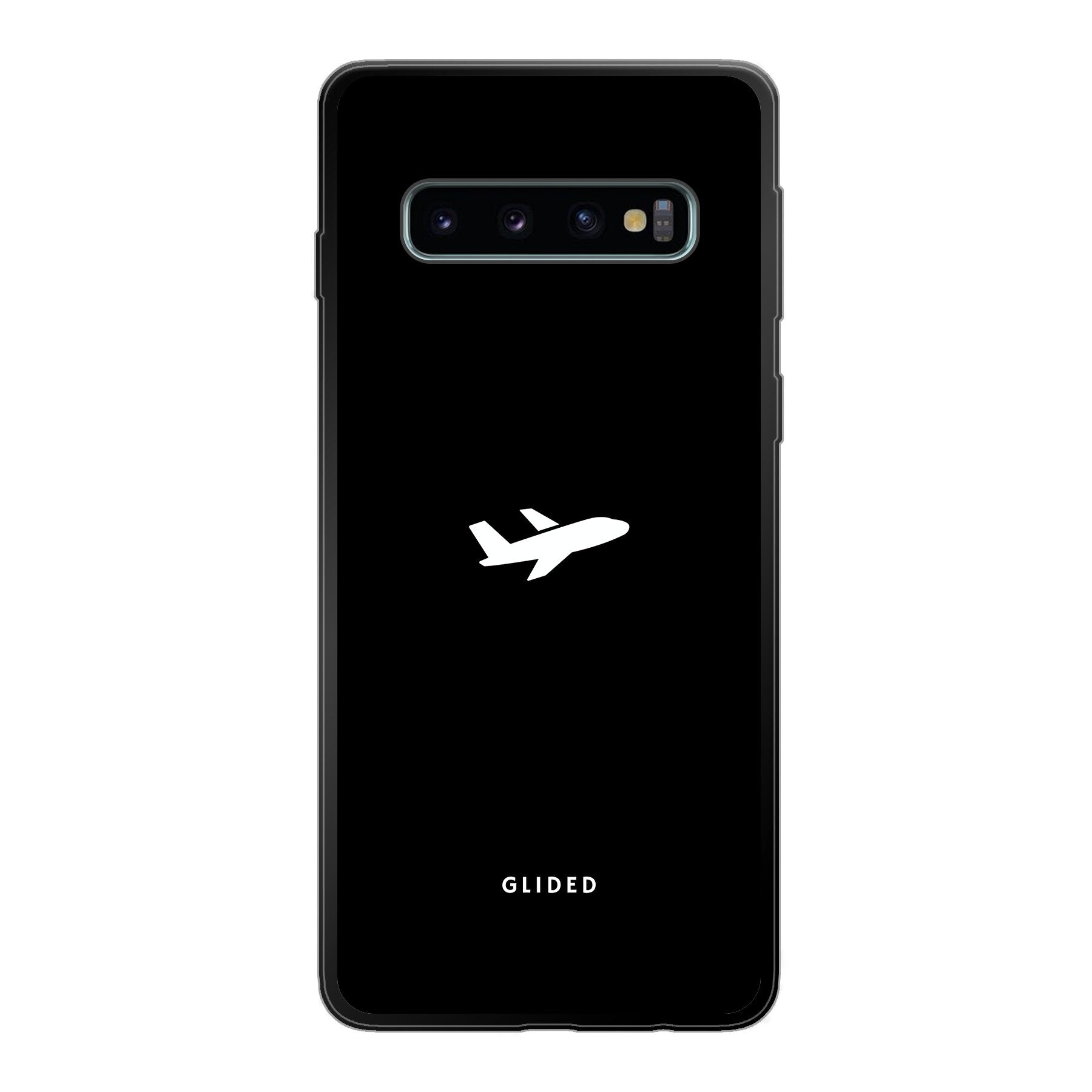 Samsung Galaxy S10 Hülle 'Fly Away' mit Flugzeugdesign auf schwarzem Hintergrund, bietet Schutz und Stil.