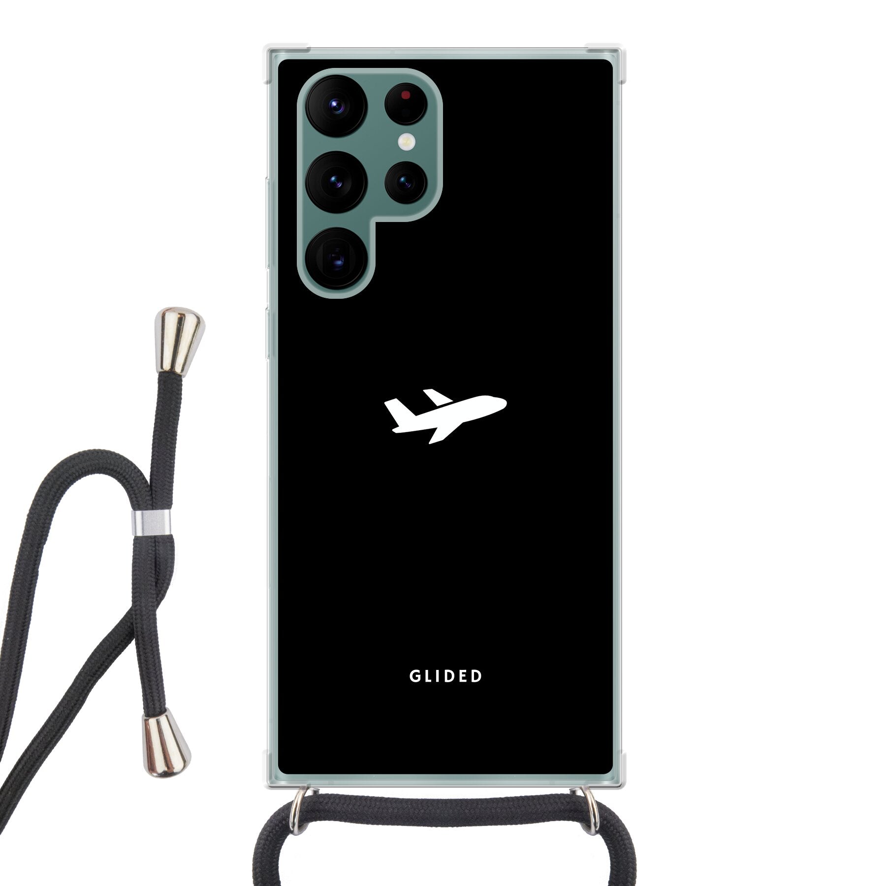 Samsung Galaxy S22 Ultra Handyhülle 'Fly Away' mit Flugzeug-Design auf schwarzem Hintergrund, bietet stilvollen Schutz und Abenteuer-Feeling.