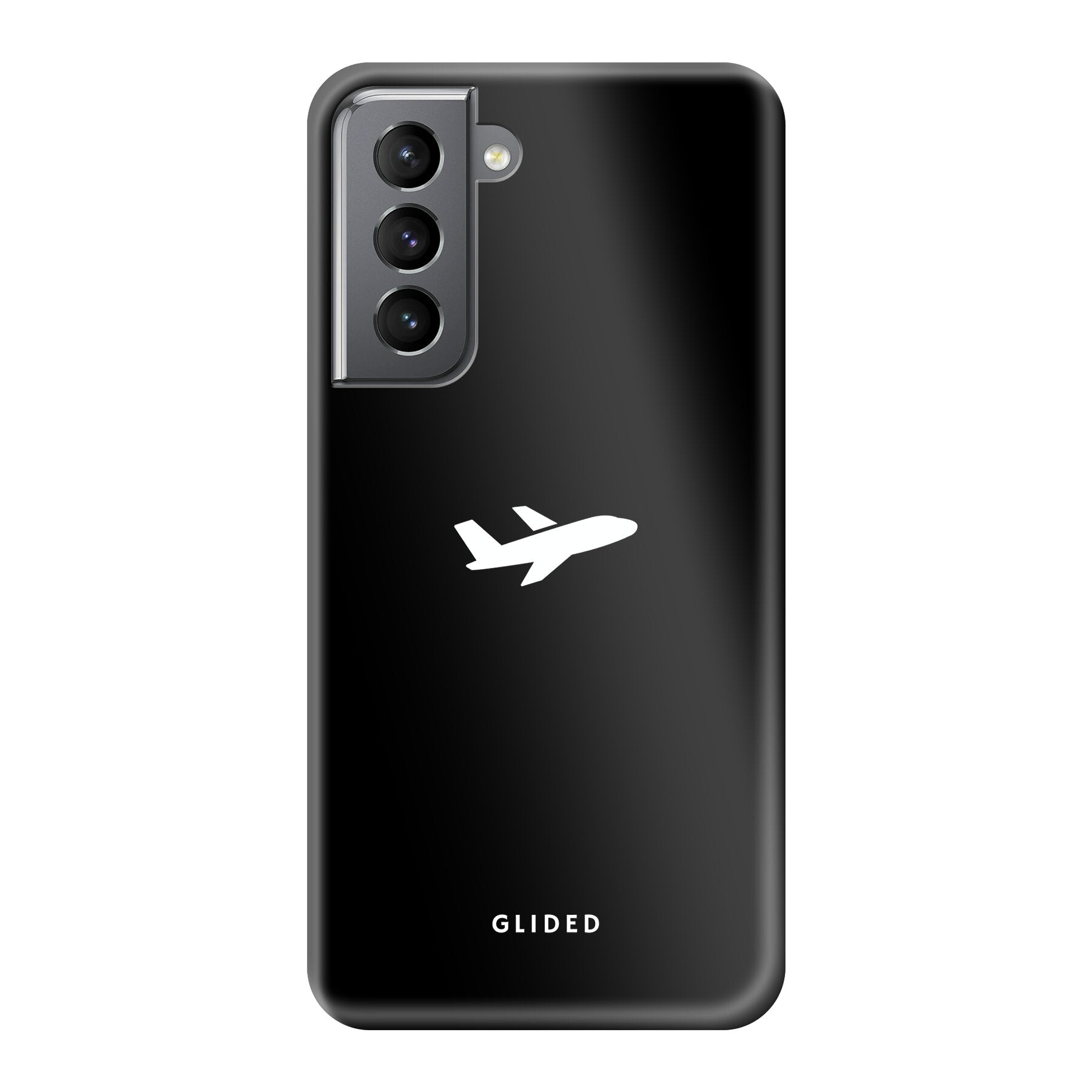 Die 'Fly Away' Samsung Galaxy S21 5G Handyhülle mit einem Flugzeugdesign auf schwarzem Hintergrund, ideal für Reisende.