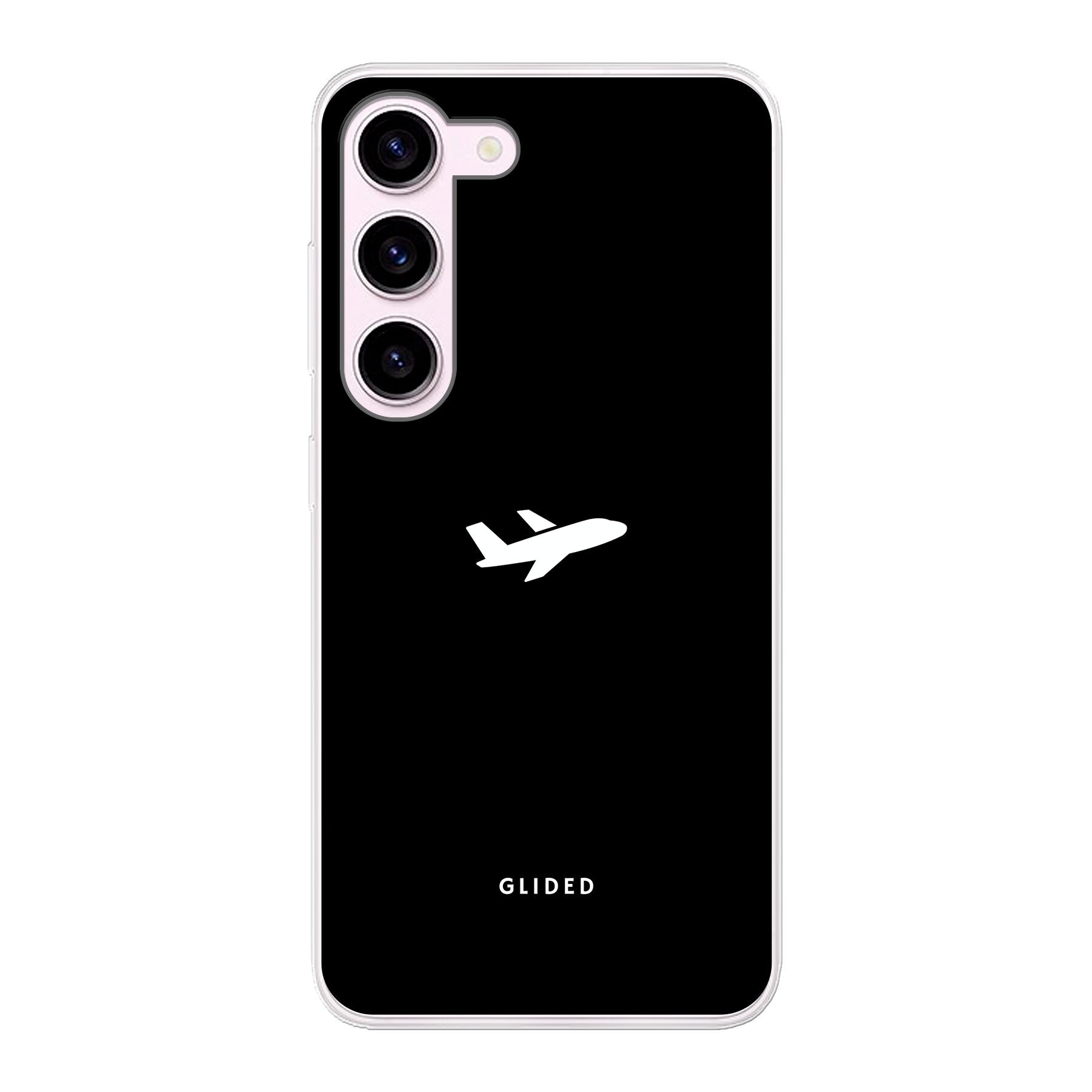 Samsung Galaxy S23 Hülle 'Fly Away' mit Flugzeugdesign auf schwarzem Hintergrund, bietet Schutz und Stil.