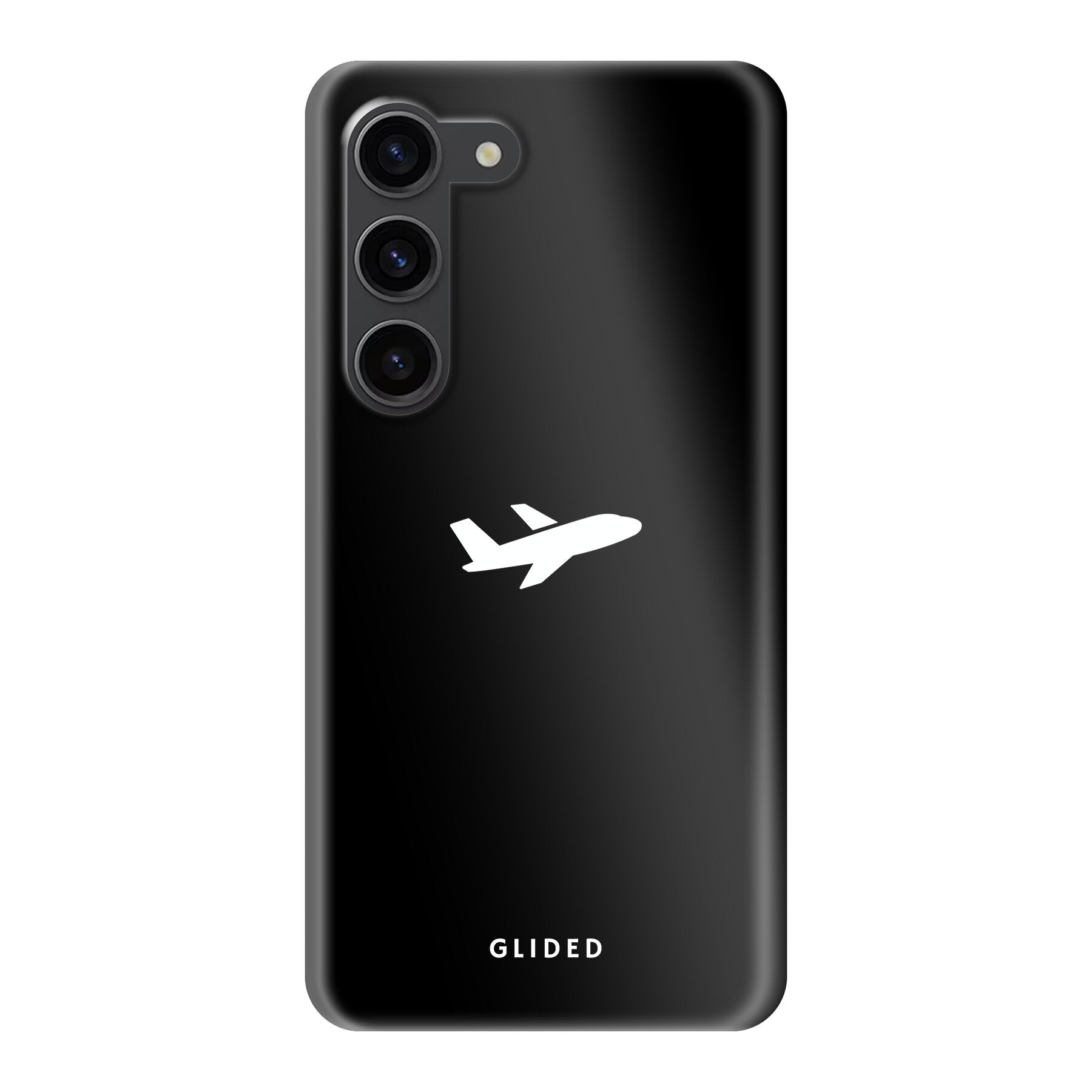 Samsung Galaxy S23 Hülle 'Fly Away' mit Flugzeugdesign auf schwarzem Hintergrund, bietet Schutz und Stil.