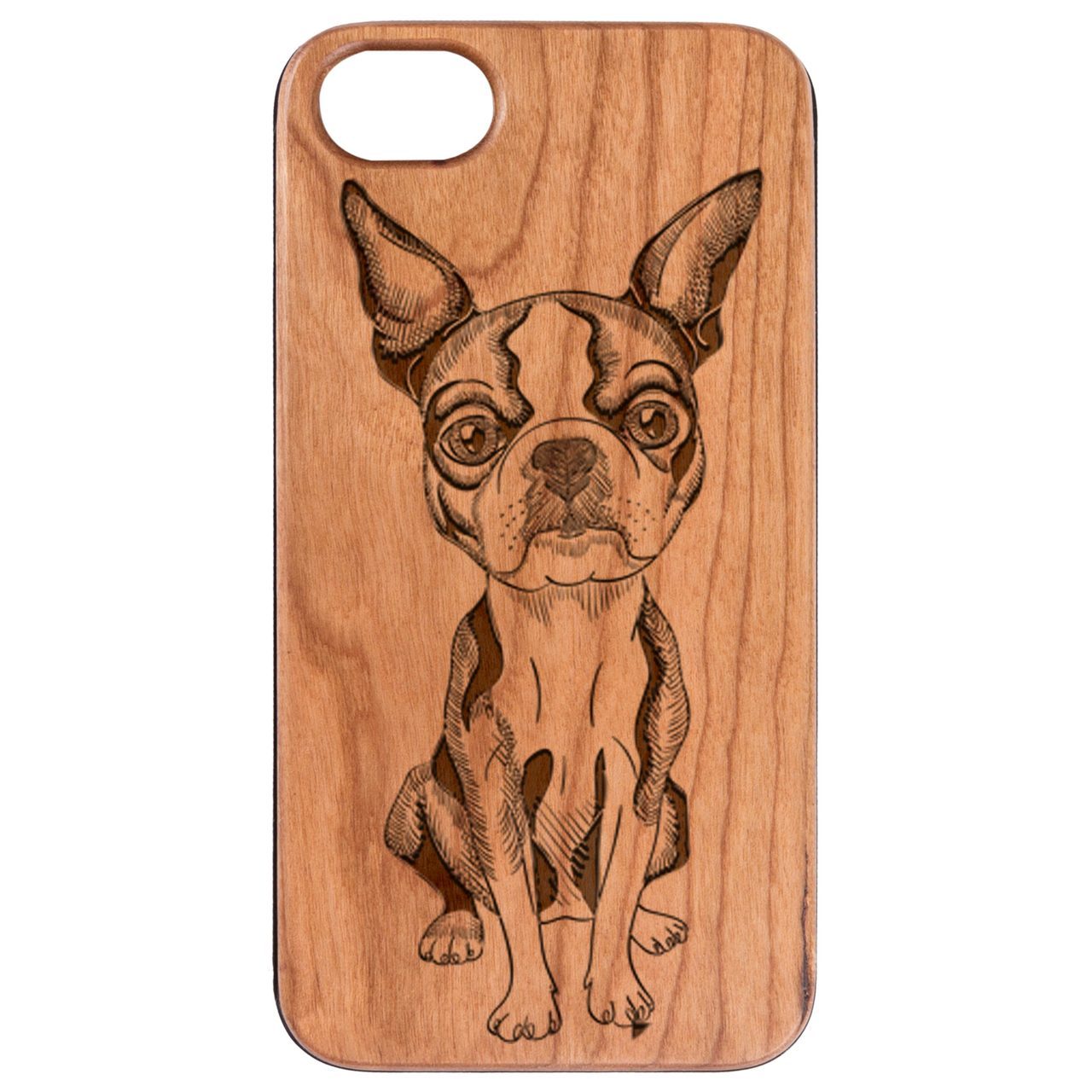 French Bulldog engraved wooden phone case showcasing unique design and durable construction.