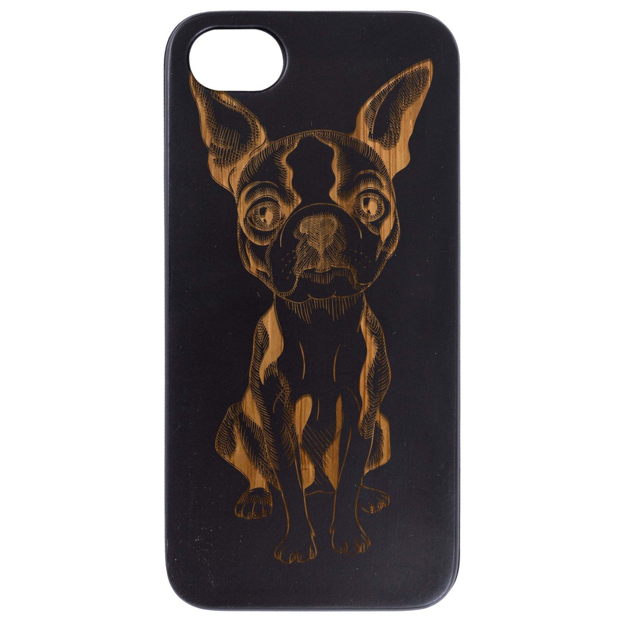 French Bulldog engraved wooden phone case showcasing unique design and durable construction.