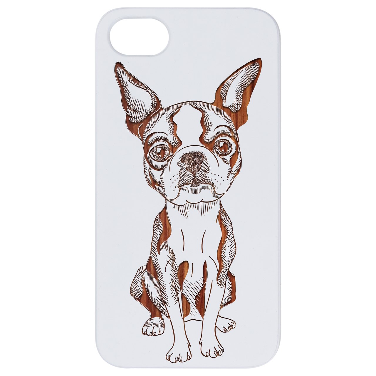 French Bulldog engraved wooden phone case showcasing unique design and durable construction.