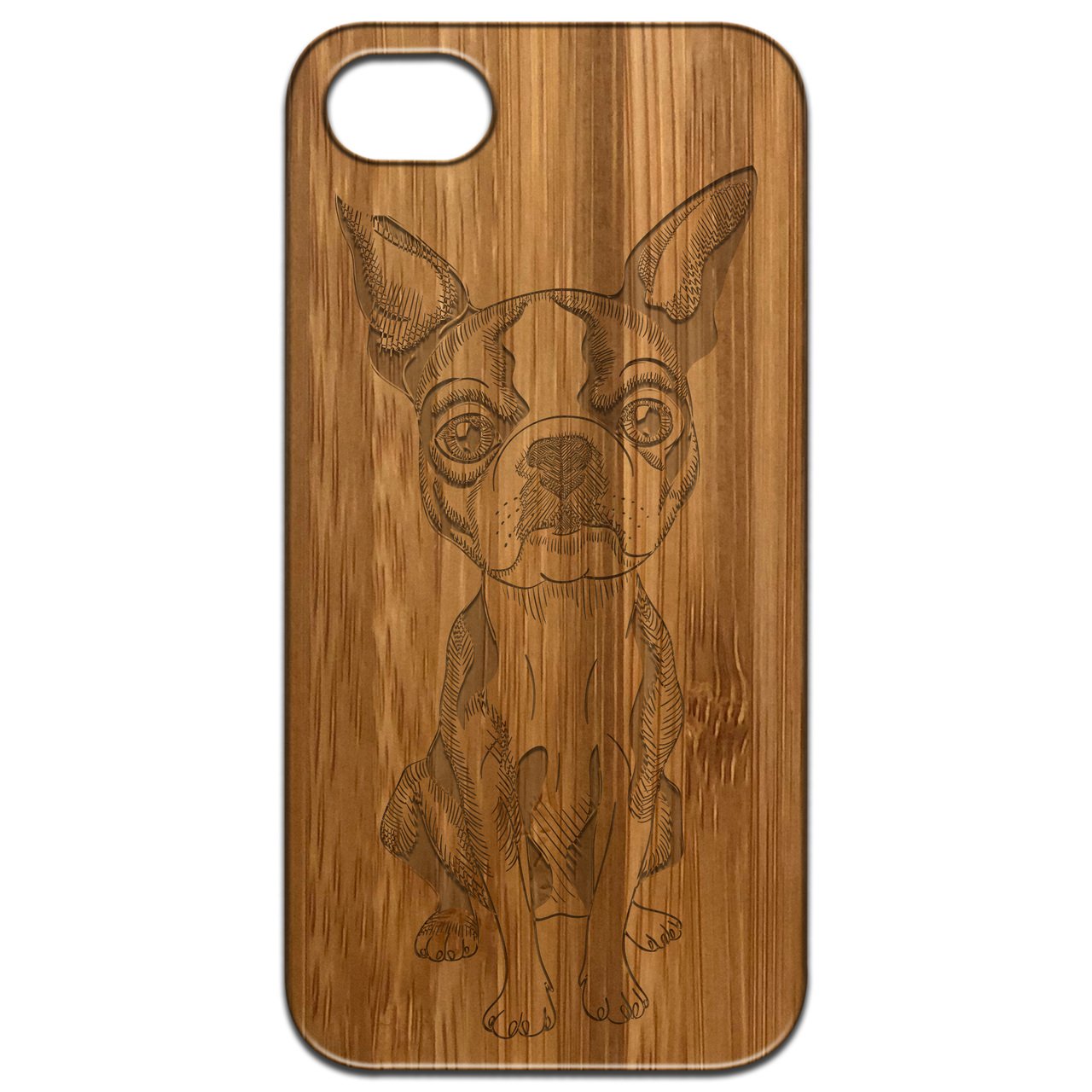 French Bulldog engraved wooden phone case showcasing unique design and durable construction.