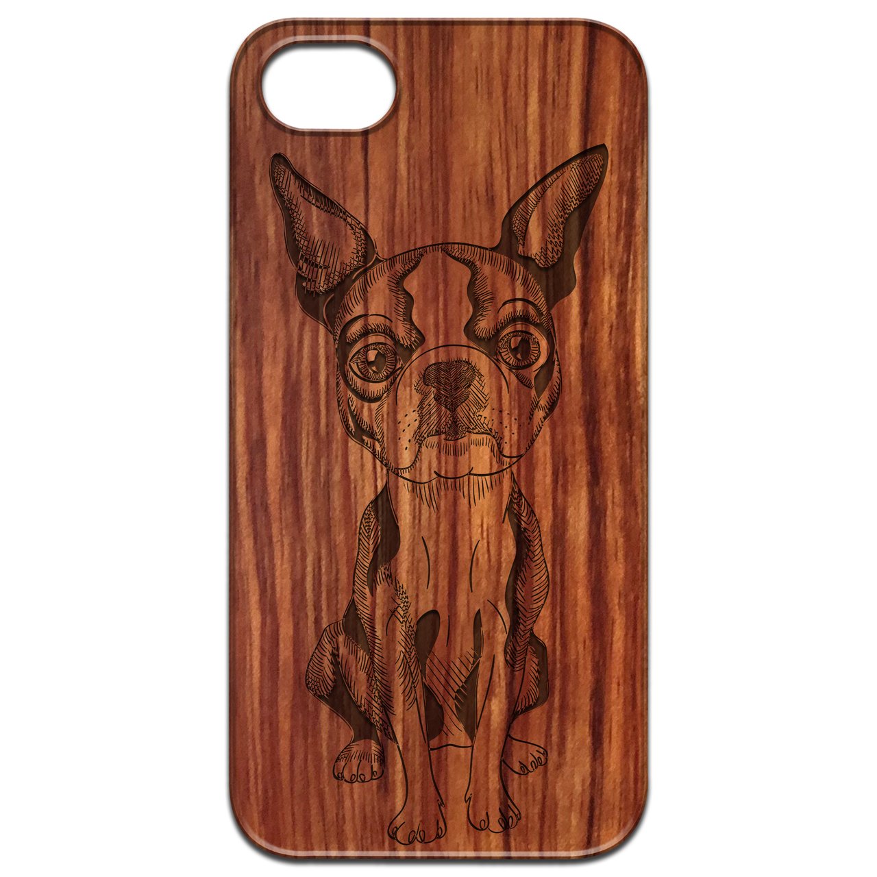 French Bulldog engraved wooden phone case showcasing unique design and durable construction.