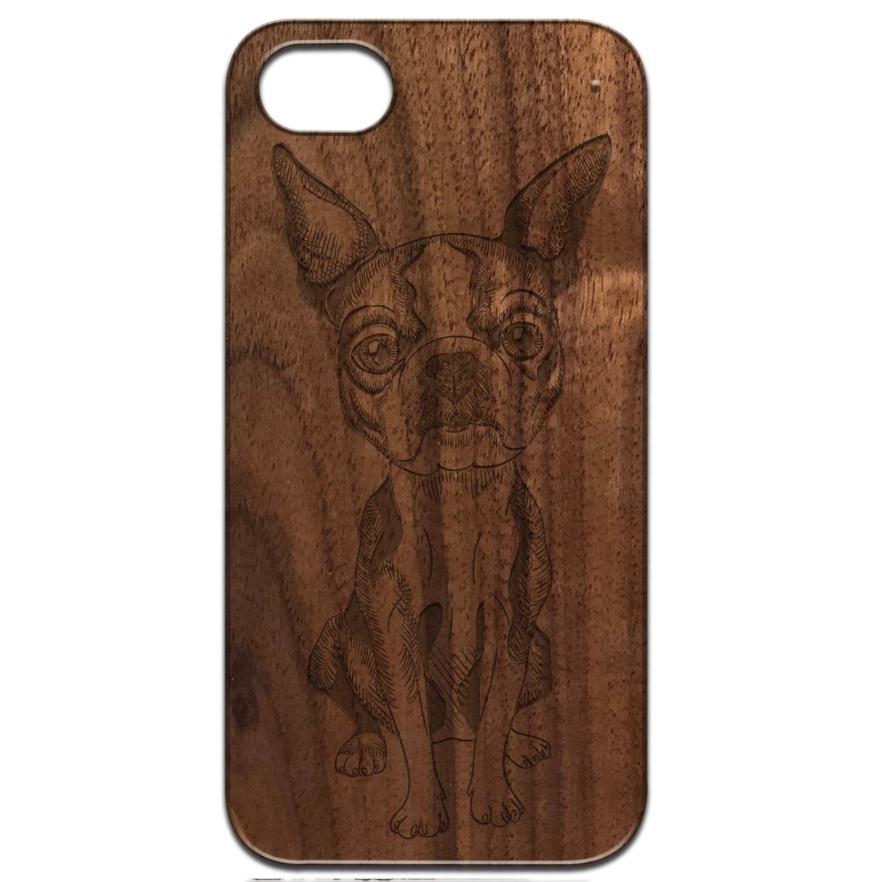 French Bulldog engraved wooden phone case showcasing unique design and durable construction.