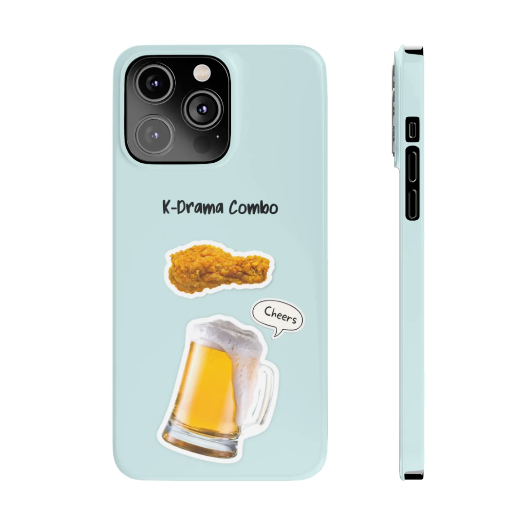 Fried Chicken and Beer Slim Case for iPhone 14, showcasing a glossy finish and slim design with vibrant graphics.